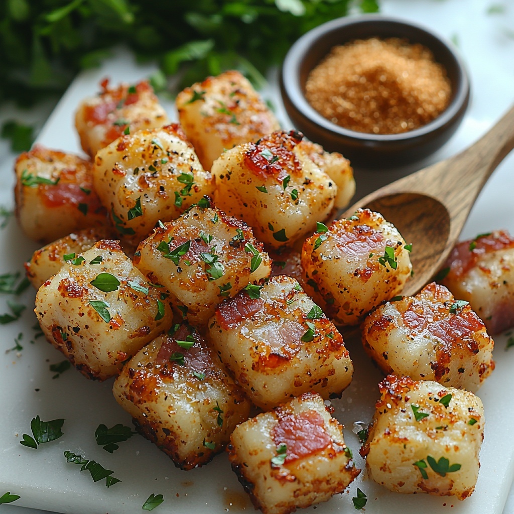 frozen tater tots at room temperature, quartered slices of raw bacon, sharp cheddar cheese cut into small 1/4-inch squares, packed brown sugar in a small bowl, fresh chopped parsley leaves scattered, all arranged neatly on a clean white marble surface; tater tots grouped in a cluster showing their crispy golden texture, bacon strips artfully fanned out with visible pink and white marbling, cheddar squares bright orange contrasting with the bacon, a rustic wooden spoon dipping into the brown sugar highlighting its rich caramel color and grainy texture, vibrant green parsley leaves adding a fresh pop of color around the edges; soft natural light casting gentle shadows, scattered coarse salt and pepper flakes for added texture and visual interest, minimalistic styling emphasizing the colors and textures of each ingredient, balanced negative space enhancing the composition, overhead shot, top down view, flat lay photography, professional food styling --ar 1:1 --q 2 --s 750 --v 6.1