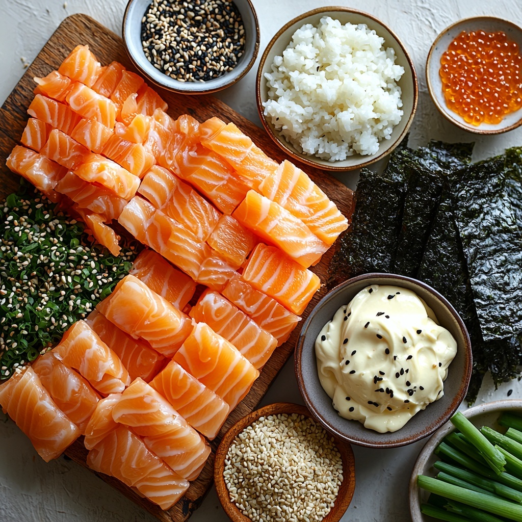 A clean white surface neatly arranged with the main ingredients for salmon sushi bake: a small bowl of fluffy white sushi rice with a slightly sticky texture, a clear glass dish holding bright white rice vinegar, a small wooden spoon with white sugar crystals, a ceramic dish with fine grain salt, a pile of shredded pink and white imitation crab meat, a bowl of finely flaked orange-pink cooked salmon, a smooth block of creamy white cream cheese on a wooden board, a small bowl of vibrant orange-pink Sriracha mayo, a small dish of dark green and black furikake seasoning flakes, crisp rectangular dark green seaweed snacks stacked neatly, a small bowl filled with shiny toasted golden sesame seeds, and a scattering of freshly chopped bright green onion slices on a rustic wooden plate. The ingredients are spaced evenly with natural soft daylight highlighting the textures—from the glossy sheen of the mayo to the rough crumbles of furikake and the softness of the cream cheese—styled with minimal shadows, clean lines, and a balanced color palette that pops against the white backdrop. Overhead shot, top down view, flat lay photography, professional food styling --ar 1:1 --q 2 --s 750 --v 6.1