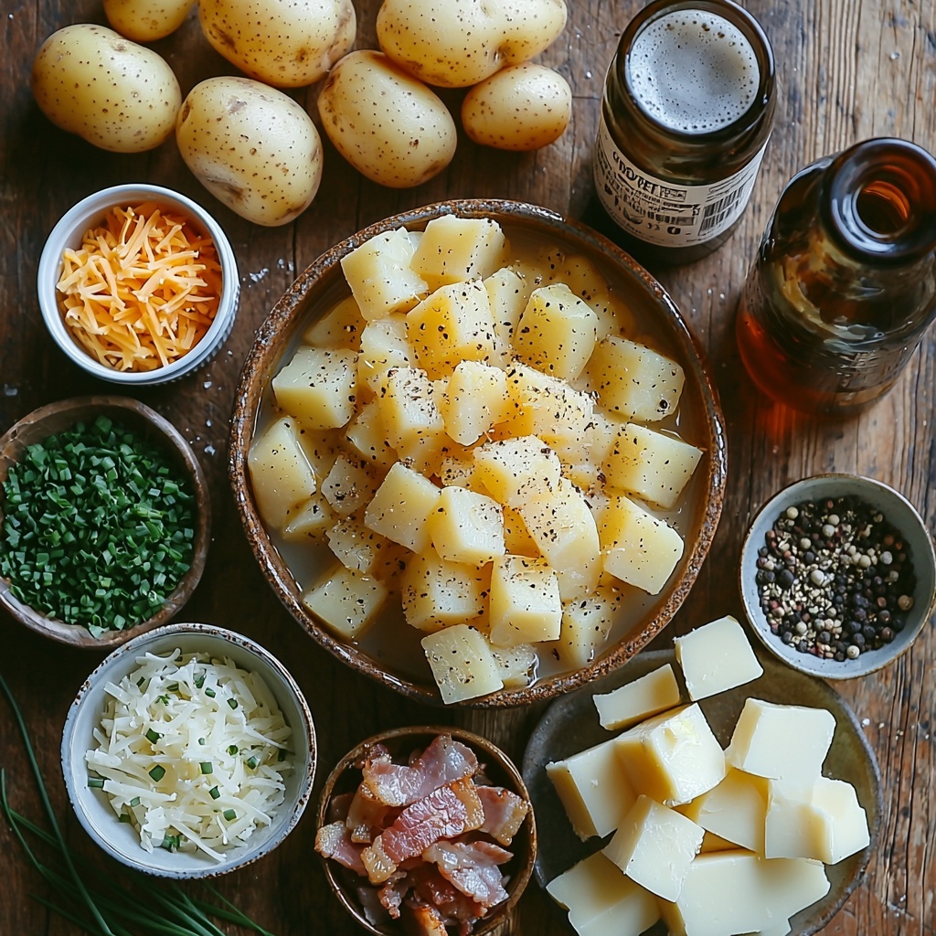 a flat lay of main ingredients for beer cheese potato soup arranged on a clean, light wooden surface: peeled and cubed medium yellow potatoes in a rustic ceramic bowl, a small pile of finely chopped white onion nearby, a clear glass measuring cup filled with water, a white cup filled with 2% milk, a brown glass bottle of beer partially poured into a small transparent measuring cup, two shiny golden chicken bouillon cubes stacked neatly, a small white ramekin holding bright orange shredded cheddar cheese, a small bowl with dark Worcestershire sauce, tiny white ceramic spoons holding ground mustard powder and white pepper powder, several golden salad croutons scattered artfully, small dish with crumbled cooked bacon, fresh green minced chives sprinkled nearby, a little black bowl with coarsely ground black pepper, natural light casting soft shadows, textures of creamy cheese, rough potato cubes, and crispy bacon contrast, arrangement balanced with space and harmony, overhead shot, top down view, flat lay photography, professional food styling --ar 1:1 --q 2 --s 750 --v 6.1