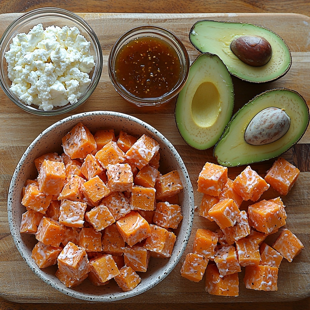 hot honey, diced sweet potatoes in bright orange cubes, sprinkled lightly with salt, pepper, and cinnamon, raw 93/7 lean ground beef in a rustic small bowl, a dollop of rich deep red tomato paste on a white ceramic spoon, a small heap of golden-brown taco seasoning powder, creamy white 2% low fat cottage cheese in a textured glass bowl, four halved ripe avocados showing vibrant green flesh with dark pits, a small clear glass bowl with amber-colored hot honey, all ingredients neatly arranged on a clean light wooden surface with natural soft daylight, minimal shadows, fresh and inviting vibes, pops of warm and cool colors balanced, rustic and modern mix, overhead shot, top down view, flat lay photography, professional food styling --ar 1:1 --q 2 --s 750 --v 6.1