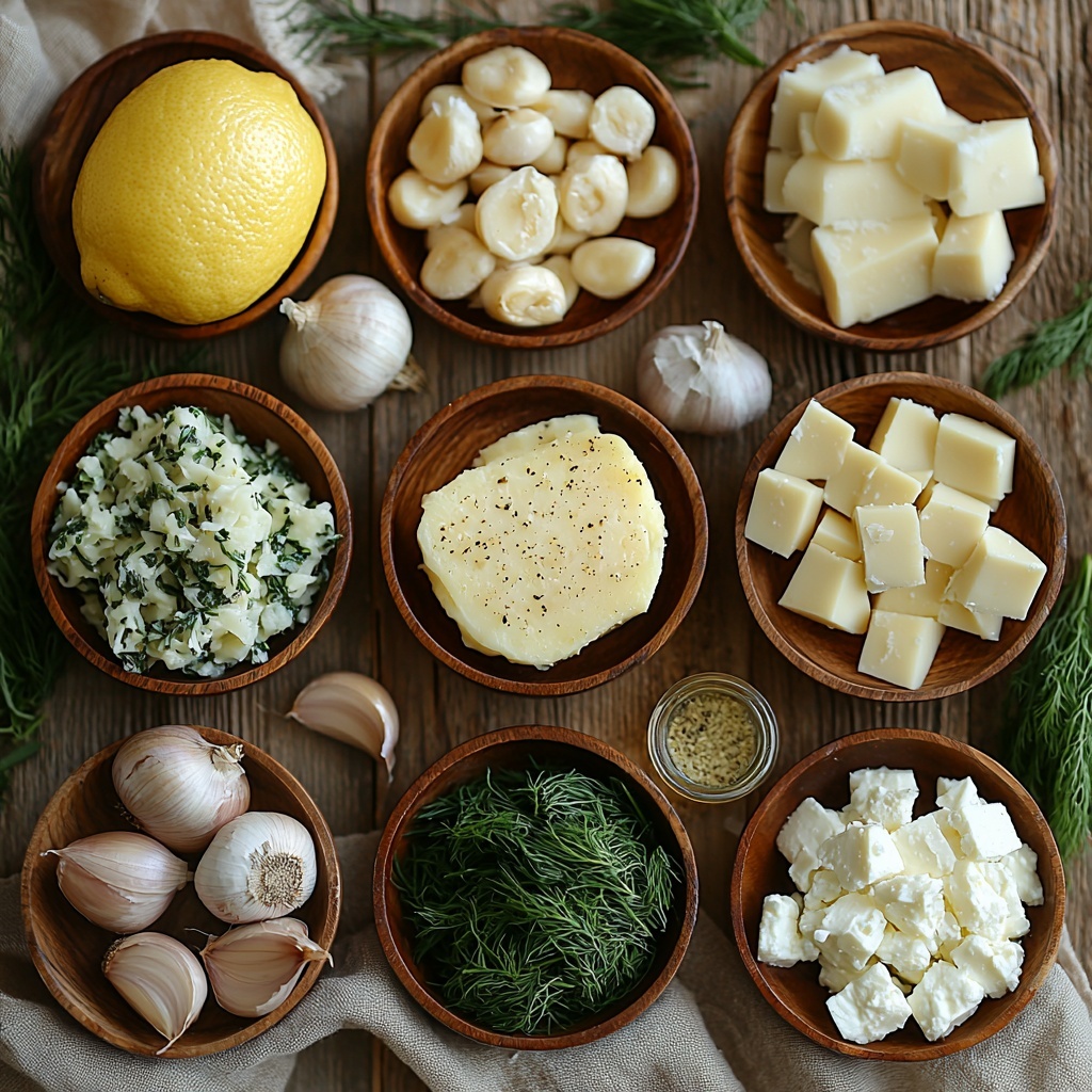 Butter pat on a small wooden dish, a medium yellow onion whole and one half diced finely, several peeled garlic cloves arranged in a delicate cluster, a bowl of vivid deep green thawed chopped spinach, a small white bowl with bright green chopped parsley, another small bowl with feathery dill sprigs, a tiny dish with fine pale brown nutmeg powder, a lemon half with freshly grated zest sprinkled nearby, a rustic ceramic bowl of smooth white cream cheese, a small pile of grated parmesan cheese with its pale ivory color and fine texture, crumbled feta cheese scattered loosely on a natural linen cloth, a golden sheet of puff pastry folded neatly on parchment paper, and a small glass container of vegetable oil catching the light—all arranged thoughtfully on a clean light wooden surface, with subtle natural daylight casting soft shadows to enhance textures and vibrant colors, accented by a neutral beige linen napkin and simple rustic serving utensils to add warmth and authenticity to the composition—overhead shot, top down view, flat lay photography, professional food styling --ar 1:1 --q 2 --s 750 --v 6.1