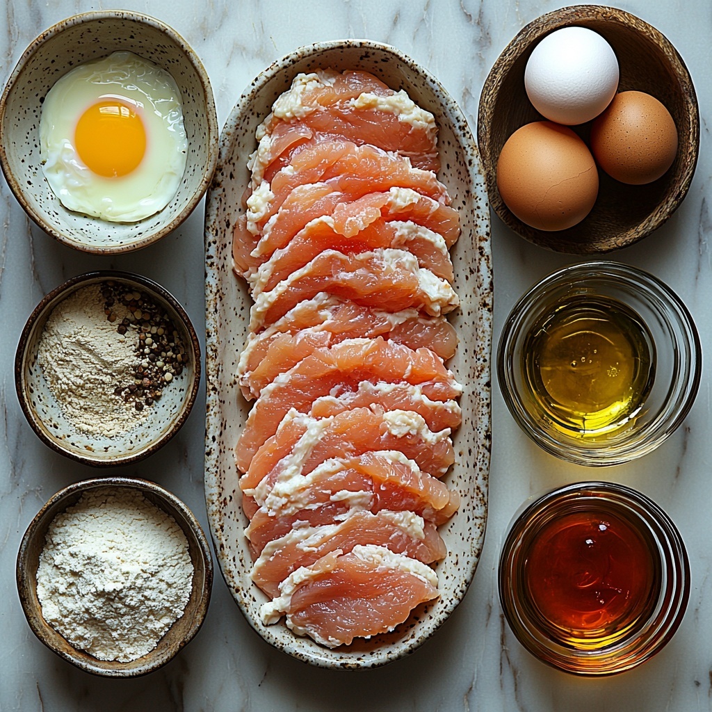 A clean white marble surface with all main ingredients for chicken fried chicken neatly arranged in an artful flat lay: six to eight thinly sliced raw chicken breasts with pale pink flesh and smooth texture, a rustic ceramic bowl filled with white flour dusted lightly around the rim, a small glass bowl holding golden baking powder and baking soda powders visibly side-by-side, a tiny white dish with fine granular salt and freshly ground black pepper, a shallow bowl of creamy buttermilk with a cracked raw egg yolk visible on top, a small glass ramekin with bright red hot sauce, a clear glass bowl with a single fresh egg beside it, a small cup of golden frying oil with a slight sheen, a rustic wooden spoon with some flour dusted over it, and a vintage milk measuring cup filled with fresh white milk for gravy. Textures range from powdery flour to smooth liquids and raw meat, colors are neutral and warm earth tones with pops of yellow and red, arranged in an inviting balanced composition with soft natural lighting and subtle shadows to enhance depth. Overhead shot, top down view, flat lay photography, professional food styling --ar 1:1 --q 2 --s 750 --v 6.1