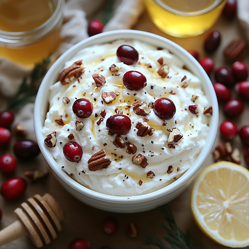 8 oz Boursin cheese in a small white bowl showing its creamy texture, a glass bowl of smooth, fluffy whipped cream, a handful of fresh, bright red cranberries scattered loosely, a small wooden dish with glossy chopped pecans, a small glass jar of golden honey with a wooden honey dipper, a small clear bowl of fresh lemon juice with a thin lemon wedge nearby; all ingredients arranged neatly on a clean, light wooden surface with soft, natural lighting emphasizing vibrant colors and contrasting textures—creamy, crunchy, juicy, and glossy; minimal shadows, balanced spacing with rustic props like a linen napkin and natural twine; fresh and inviting mood, clean composition, subtle depth, focusing on freshness and variety overhead shot, top down view, flat lay photography, professional food styling --ar 1:1 --q 2 --s 750 --v 6.1