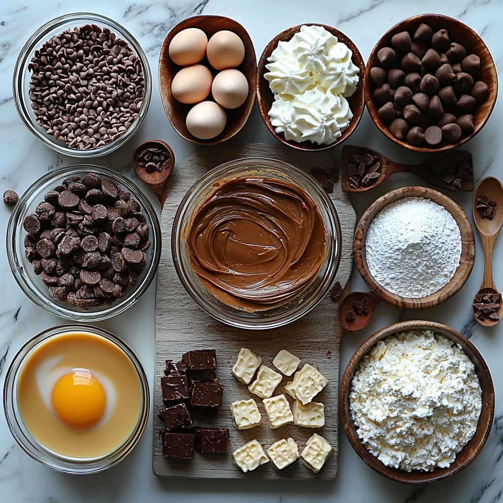 Chocolate cake mix box with eggs, oil, and water ingredients arranged neatly; a bowl of smooth, melted creamy peanut butter glowing warm golden-brown; a shiny can of sweetened condensed milk partially opened; instant vanilla pudding mix box with creamy white powder spilling slightly; vintage glass measuring cup filled with whole milk at room temperature; block of soft cream cheese on a small white plate with a butter knife; heap of fine powdered sugar on a small rustic dish; tall glass bowl of thick heavy whipping cream, softly peaked; small glass bowl with clear vanilla extract; melted peanut butter in a small ramekin showing glossy texture; chopped Reese’s Cups scattered casually on a wooden board; colorful Reese’s Pieces candies spilling gently from a bright orange bowl — all ingredients beautifully arranged on a clean white marble surface with soft natural light highlighting textures and colors, shadows crisp but gentle, styled with minimal props like linen napkins and wooden spoons to add warmth and contrast — overhead shot, top down view, flat lay photography, professional food styling --ar 1:1 --q 2 --s 750 --v 6.1