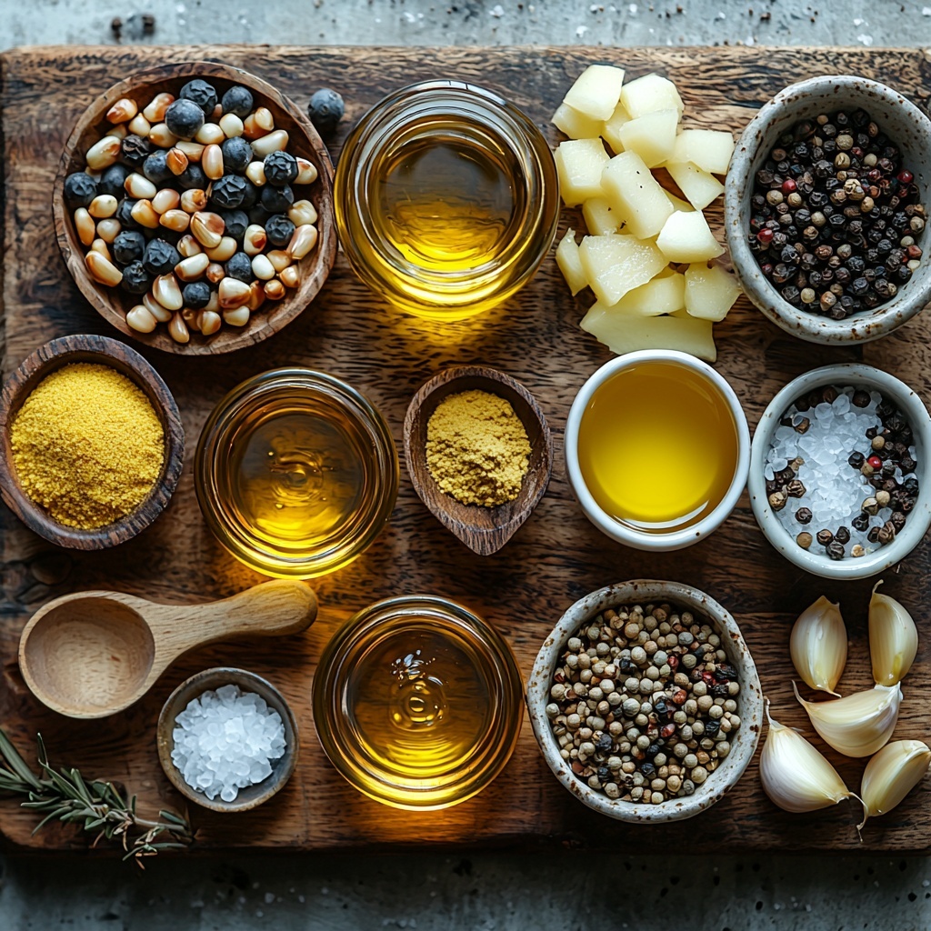extra virgin olive oil in a small glass measuring cup with golden-green translucent liquid, apple cider vinegar in a clear glass bowl showing amber liquid, a small bowl of rich golden pure maple syrup with smooth glossy texture, two teaspoons of smooth yellow Dijon mustard in a ceramic spoon, a single small garlic clove minced finely arranged on a rustic wooden board, coarse salt crystals and freshly ground black peppercorns scattered artfully around small white ceramic dishes, all ingredients arranged neatly on a clean matte white surface enhancing natural colors and textures, soft natural light with gentle shadows emphasizing the glossy and matte contrasts, minimalist styling with ample negative space, subtle reflections from glass containers, overhead shot, top down view, flat lay photography, professional food styling --ar 1:1 --q 2 --s 750 --v 6.1
