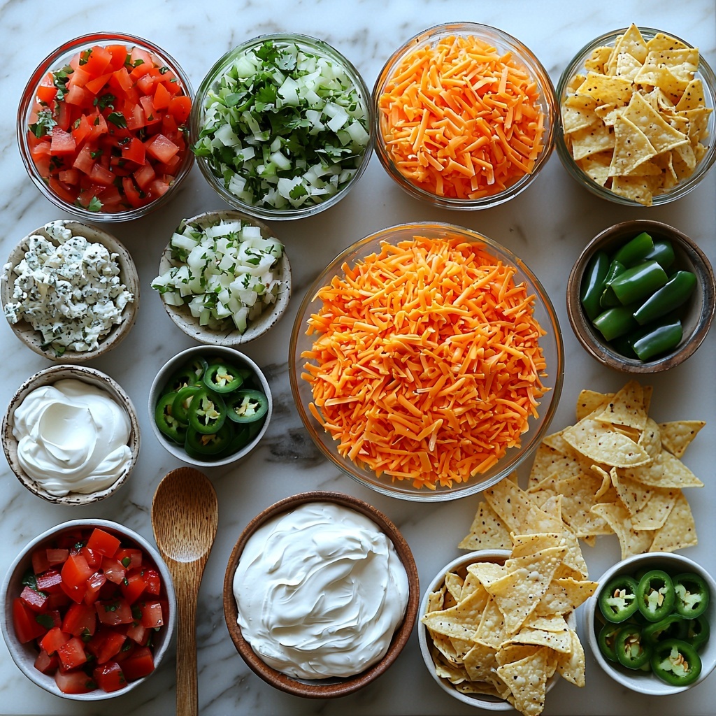 A clean white marble surface arranged with the main ingredients for a Christmas Taco Cheese Ball Wreath: a block of softened cream cheese with a smooth, creamy texture, a small rustic bowl filled with bright orange shredded cheddar cheese showcasing its fine shreds, a small glass bowl of thick, white sour cream with a glossy surface, a wooden spoon resting beside a small dish of rich brown taco seasoning powder, finely chopped vibrant green onions and fresh cilantro arranged neatly in small white ceramic bowls, diced red and green bell peppers displaying their juicy, crisp texture in separate piles, finely chopped bright green jalapeño pieces on a small plate, and a rustic bowl filled with golden, crunchy tortilla chips fanning out attractively. The ingredients are spaced evenly with natural daylight highlighting their vivid colors and fresh textures, styling includes subtle shadows, minimal props, and a clean, inviting aesthetic. Overhead shot, top down view, flat lay photography, professional food styling --ar 1:1 --q 2 --s 750 --v 6.1