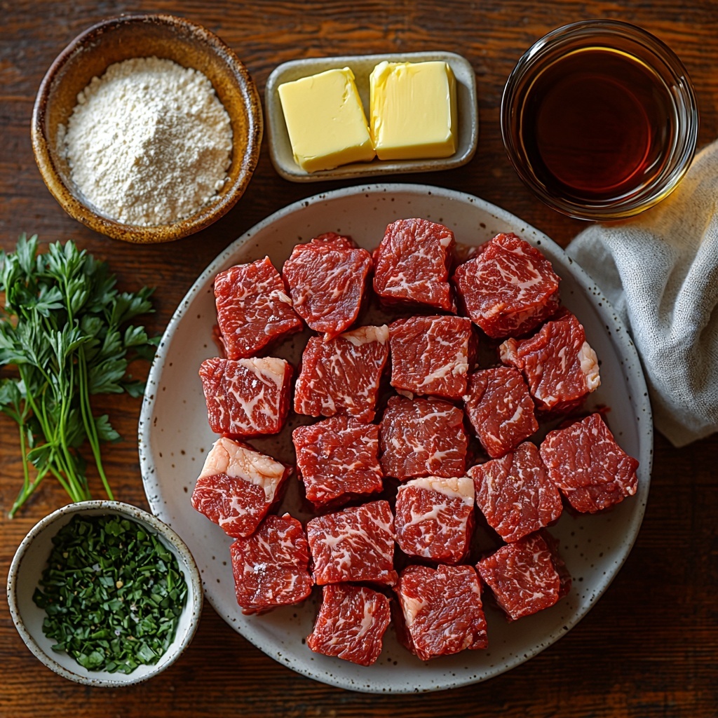 Cube steaks raw and marbled, arranged in a neat stack; small bowls containing flour, brown sugar, black pepper, salt, garlic powder, onion powder, chili powder, and paprika with vibrant, finely ground spices showing varied warm earthy tones; a small mound of cornstarch powder beside the bowls; a glass bowl with a rich golden olive oil; cold butter cubes with a creamy pale yellow color on a small plate; two clear measuring cups filled with light golden chicken broth and dark rich beef broth; a single beef bouillon cube with crinkled paper wrapper nearby; a small bowl mixed with Worcestershire sauce dark glossy liquid; thin half-inch strings of large yellow onion piled loosely on a rustic white ceramic plate; all ingredients meticulously spaced on a clean, light wooden surface that enhances warm tones; natural soft daylight from the left casting gentle shadows; subtle touches of fresh herbs like parsley sprigs artistically placed for color contrast; minimal props with a linen napkin folded elegantly at one corner, emphasizing rustic, homely kitchen vibe; overhead shot, top down view, flat lay photography, professional food styling --ar 1:1 --q 2 --s 750 --v 6.1