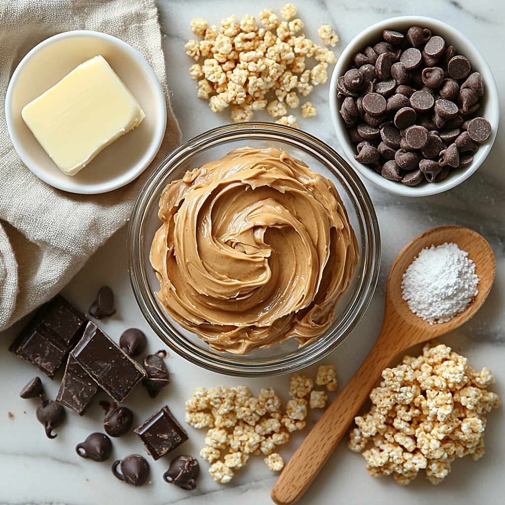 A clean, bright surface with a neat, visually pleasing arrangement of ingredients for peanut butter balls: a smooth swirl of creamy peanut butter in a small glass bowl showcasing its rich, golden brown color; a mound of fine, snowy white powdered sugar in a delicate ceramic dish; a square of soft, pale yellow butter on a small wooden butter knife; a generous pile of crispy, golden Rice Krispies cereal with a light, airy texture spilling slightly from a rustic white ramekin; and a small heap of glossy dark chocolate chips with varied shiny facets, each piece reflecting light. The ingredients are spaced evenly with natural shadows, styled with a neutral linen napkin folded softly on one side and a wooden spoon placed diagonally to add warmth and contrast. The background is a soft off-white marble texture that highlights the colors and textures of the ingredients, emphasizing freshness and simplicity. Overhead shot, top down view, flat lay photography, professional food styling --ar 1:1 --q 2 --s 750 --v 6.1