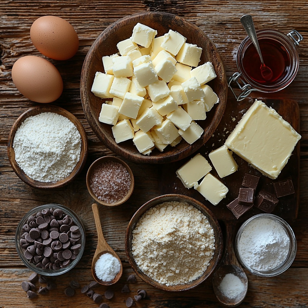 Half cup unsalted butter, light brown sugar in a small rustic bowl, granulated sugar in a clear glass jar, one large brown egg resting near a small glass bowl with vanilla extract, small spoons holding cocoa powder, cornstarch, baking soda, baking powder, and salt arranged neatly, a mound of all-purpose flour with a scattering of white chocolate chips nearby, a small jar of red gel food coloring with a tiny smear on a white ceramic dish, block of cream cheese on a wooden board with a butter knife, half cup softened butter in a ramekin, powdered sugar sifted into a delicate white bowl, textured linen napkin under some ingredients, soft natural light casting gentle shadows, arranged on a clean, neutral-toned wooden surface, warm and inviting color palette emphasizing reds, browns, and creamy whites, subtle props like a vintage measuring spoon and a glass mixing bowl partially visible, overhead shot, top down view, flat lay photography, professional food styling --ar 1:1 --q 2 --s 750 --v 6.1