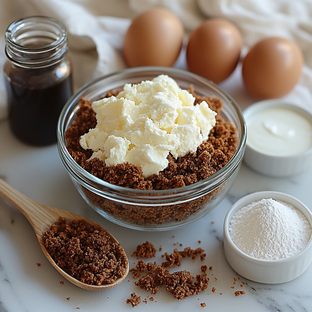 2 cups gingerbread cookie crumbs in a small glass bowl with rich brown, crumbly texture; 6 tablespoons melted butter in a clear measuring cup showing golden liquid gloss; 2 tablespoons brown sugar with fine granules and deep amber color in a rustic wooden scoop; a small pinch of coarse salt crystals scattered delicately on a white ceramic spoon; 16 ounces smooth cream cheese block partially unwrapped on white parchment paper, creamy off-white color; ½ cup granulated white sugar in a small glass jar with sparkling crystalline texture; 2 fresh eggs with smooth warm brown shells positioned side by side; 2 teaspoons vanilla extract in a tiny clear glass bottle with dark, glossy liquid inside; ½ cup sour cream in a simple white ceramic bowl showing thick, velvety, pristine white texture. All ingredients carefully arranged on a clean matte white surface with natural soft daylight coming from the left creating gentle shadows, styled with minimal rustic props like a wooden spoon and linen napkin, colors harmonious with warm browns and neutral whites, emphasizing textures and freshness, composition balanced with visual breathing space, shot with crisp focus and subtle depth of field. overhead shot, top down view, flat lay photography, professional food styling --ar 1:1 --q 2 --s 750 --v 6.1