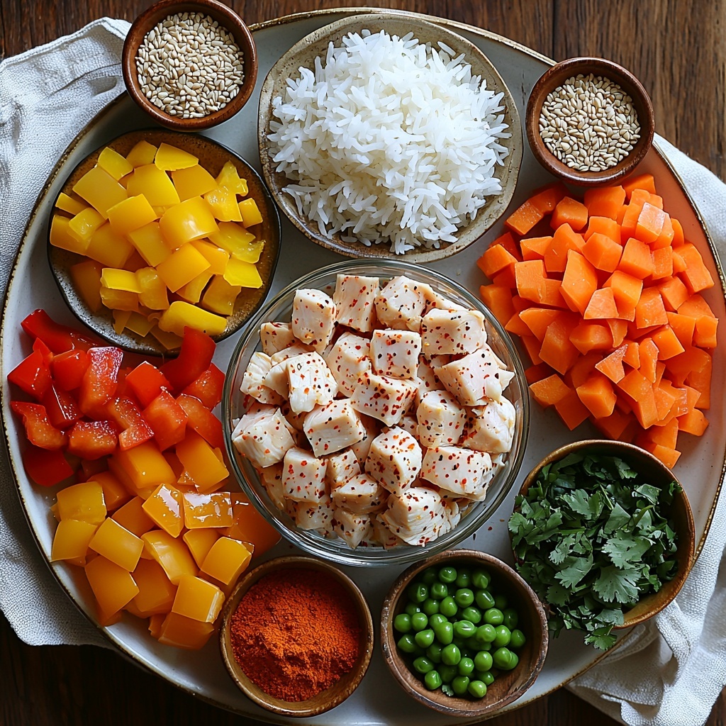 jasmine rice in a small clear glass bowl showing fluffy white grains, a can of coconut milk with the lid off revealing creamy white liquid, raw diced chicken breast pieces arranged neatly on a white ceramic plate, small bowls of soy sauce and olive oil with rich dark brown and golden hues, separate piles of ground garlic powder and ginger powder displaying fine beige textures, a vibrant mix of chopped bell peppers (red, yellow), sliced carrots, and green peas spread in a shallow rustic bowl, salt and pepper in tiny wooden spoons, fresh bright green cilantro sprigs laid delicately on the side, all ingredients arranged thoughtfully on a clean light wood surface with soft natural lighting highlighting the varied textures and vivid colors, clean white linen napkin and minimal rustic utensils for styling, creating a fresh and inviting culinary mood, overhead shot, top down view, flat lay photography, professional food styling --ar 1:1 --q 2 --s 750 --v 6.1