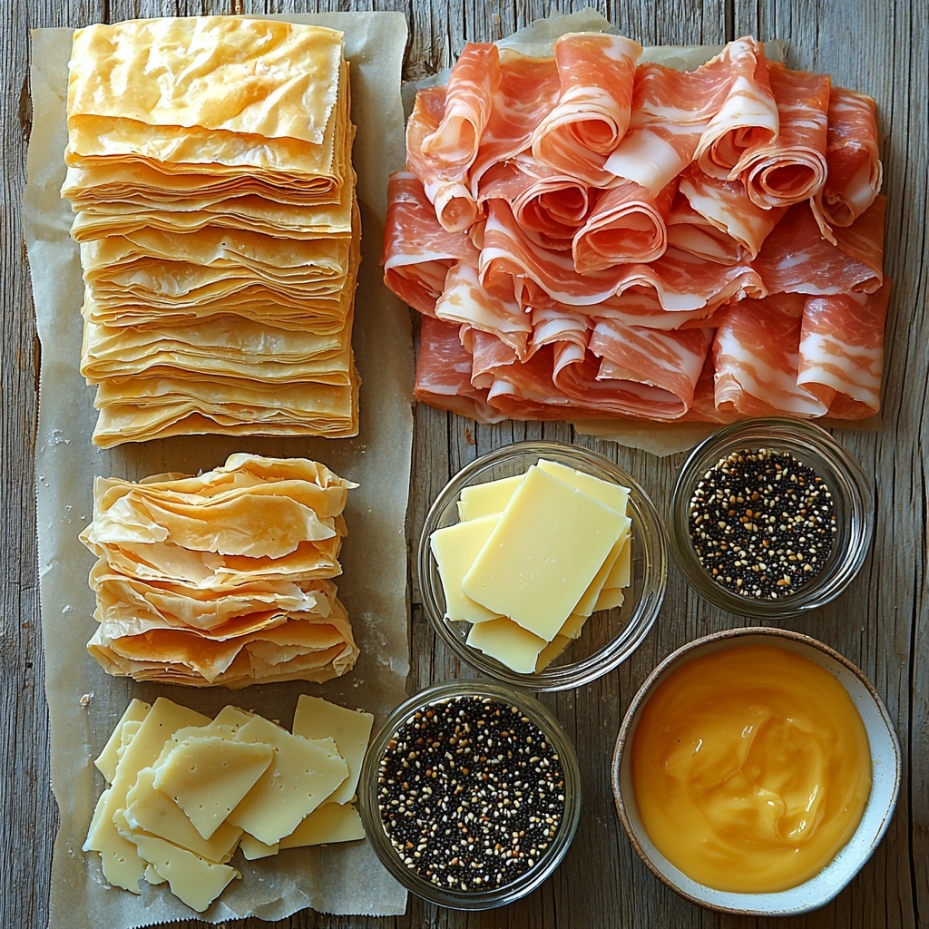 /Imagine prompt: An elegant flat lay of ingredients for Ham Cheese Puff Pastry arranged neatly on a clean, light wooden surface. Two sheets of thawed golden puff pastry, slightly unfurled and textured with visible flaky layers. Nearby, a stack of pale pink deli ham slices with soft folds showing delicate marbling. Next to the ham, a neat pile of creamy off-white Gruyère cheese slices with slight holes, smooth and firm. A small glass jar of rich, smooth Dijon mustard in bright golden yellow, with a tiny spoon resting beside it. A small bowl of everything bagel seasoning, colorful with black, white, and toasted brown seeds. A glass ramekin holding a glossy, bright yellow whisked egg wash. Soft, natural daylight casting gentle shadows that enhance the textures and colors. Minimal rustic props, clean composition emphasizing freshness and simplicity. Overhead shot, top down view, flat lay photography, professional food styling --ar 1:1 --q 2 --s 750 --v 6.1