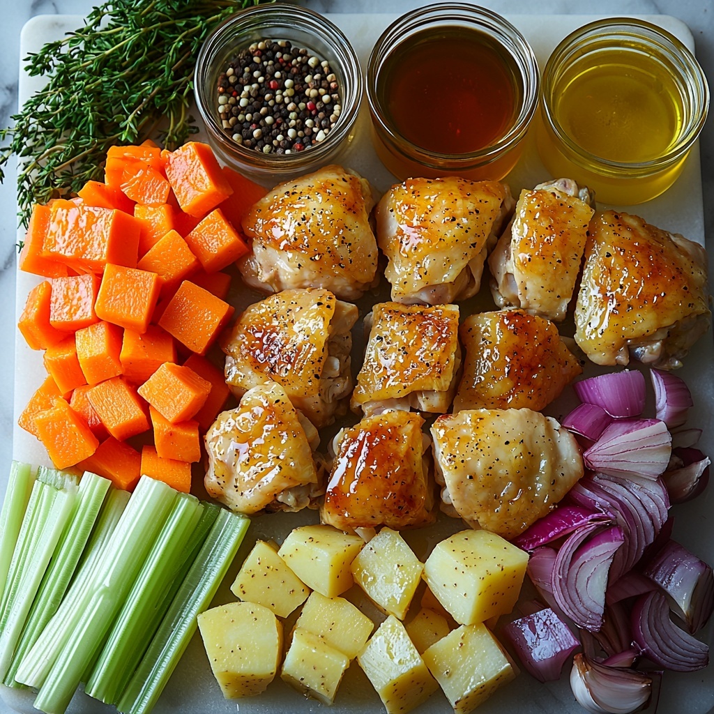 bone-in, skin-on chicken thighs with golden, slightly glossy skin arranged neatly, medium yukon gold potatoes and medium sweet potato cut into rustic 1-inch chunks with natural peel intact, bright orange chopped carrots sliced diagonally, fresh green celery stalks cut into diagonal pieces, thin strips of pale purple shallot, large cloves of garlic minced and whole, small bowls of olive oil glistening, soy sauce with deep brown color in a glass container, honey with warm amber hue in a small jar, ground ginger powder in a tiny ceramic dish, coarse sea salt and cracked black pepper scattered lightly nearby, ingredients spaced evenly on a clean white marble surface to enhance natural colors and textures, soft natural lighting casting gentle shadows, props minimal and rustic with a few fresh thyme sprigs for accent, emphasis on vibrant colors, varied textures from smooth to rough, fresh and inviting look, overhead shot, top down view, flat lay photography, professional food styling --ar 1:1 --q 2 --s 750 --v 6.1
