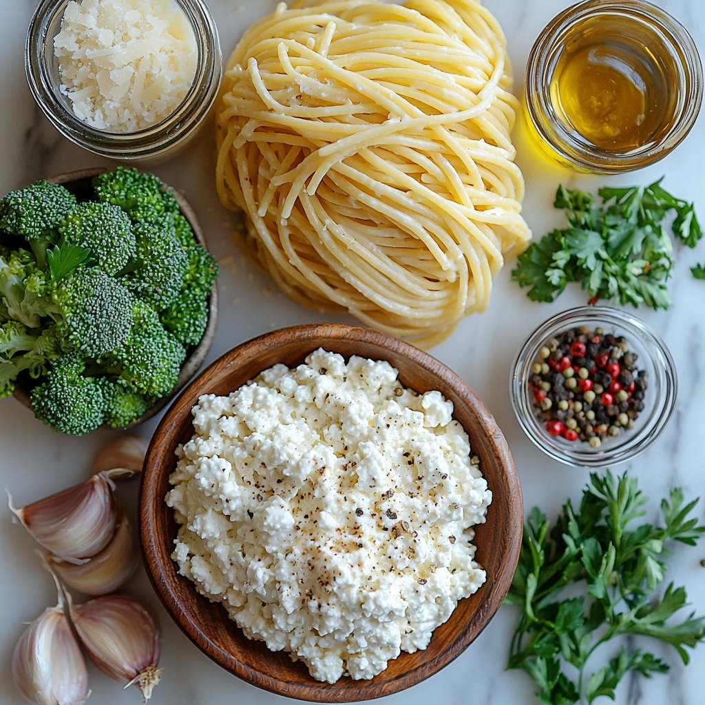 a beautifully styled flat lay of ingredients for Cottage Cheese Alfredo Pasta arranged neatly on a clean white marble surface: a mound of dry golden spaghetti pasta strands, a small glass bowl filled with finely chopped bright green broccoli florets, a small rustic bowl with creamy white cottage cheese showing smooth texture, a small wooden bowl with finely grated pale ivory parmesan cheese, two peeled garlic cloves with a slightly rough texture, a small glass jar of golden olive oil with a gentle sheen, a white porcelain spoon holding coarse white salt crystals, a tiny dish of freshly cracked black pepper with contrasting dark specks, fresh vibrant green parsley sprigs loosely scattered, a small bowl containing deep red crushed red pepper flakes adding a pop of color, all ingredients spaced evenly with soft natural light casting gentle shadows, subtle highlights enhancing textures, styled with minimalistic cutlery and linen napkin edges visible for a cozy, inviting feel — overhead shot, top down view, flat lay photography, professional food styling --ar 1:1 --q 2 --s 750 --v 6.1