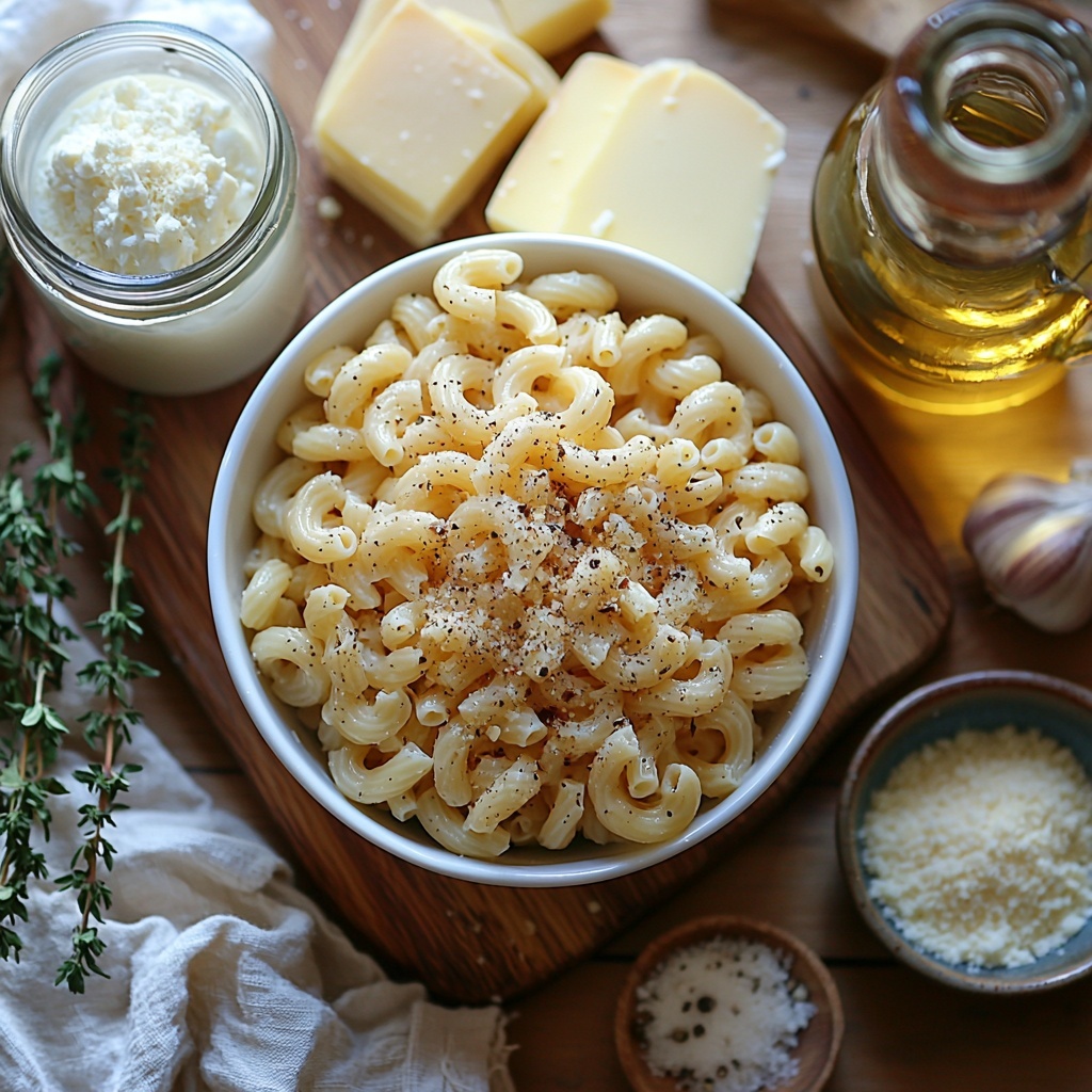 Elbow macaroni uncooked in a small white bowl, thinly sliced large yellow onions fanned out on a wooden cutting board, a small glass bowl of golden olive oil reflecting light, a slab of creamy butter partially unwrapped on parchment paper, two cloves of peeled garlic next to a vintage silver knife, a heap of fine white flour on a rustic linen cloth, a clear measuring cup filled with amber vegetable broth, a glass pitcher of whole milk with a smooth surface, a small bowl of thick heavy cream, three piles of shredded cheese—Gruyère pale yellow and slightly granular, sharp cheddar bright orange and crumbly, mozzarella soft and creamy white—arranged side by side on a slate board, salt and black pepper in minimalist white spice jars, fresh green thyme sprigs delicately laid across a natural wood surface, a bowl of golden breadcrumbs with a rustic texture, grated Parmesan cheese in a small ceramic bowl with a slightly coarse texture. All ingredients are neatly spaced on a clean light wood tabletop with natural sunlight casting soft shadows, styled with subtle kitchen props like linen napkins and wooden spoons, emphasizing warm earthy tones and inviting textures, overhead shot, top down view, flat lay photography, professional food styling --ar 1:1 --q 2 --s 750 --v 6.1
