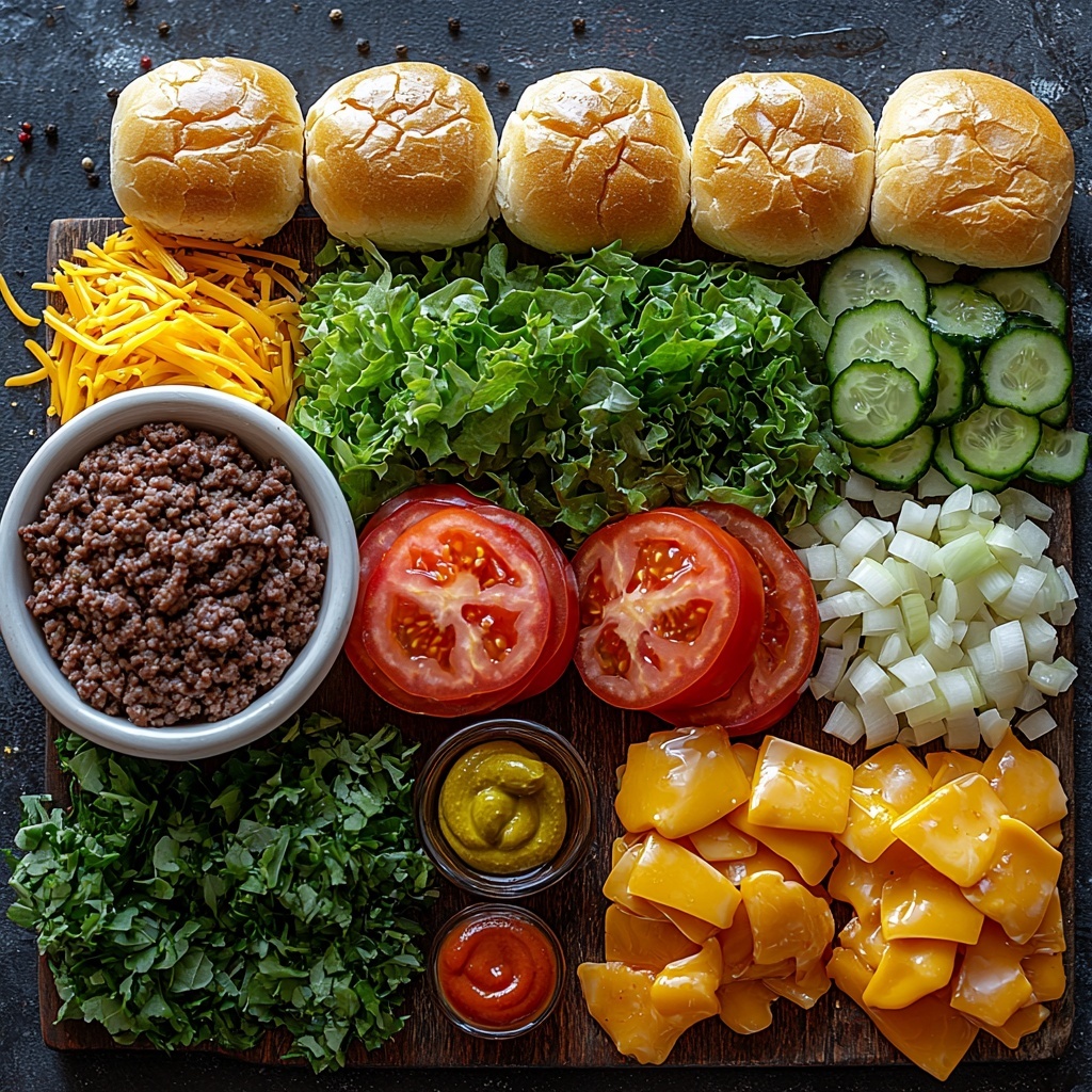 A clean, bright surface featuring a flat lay arrangement of mini smash burger slider ingredients: a rustic white bowl filled with rich, raw 80/20 ground beef with a slightly coarse texture; a neat stack of 12 golden-brown slider buns with soft, fluffy interiors visible in some halves; 12 slices of glossy American and cheddar cheese, their edges slightly curled; thin, translucent slices of large onion arranged in a delicate fan shape; vibrant, crisp green lettuce leaves with detailed veining; juicy, glossy red tomato slices showing fresh seeds and juicy pulp; bright green pickles with a shiny wet surface and textured ridges; small piles of coarse salt and cracked black peppercorns scattered artfully; a small dish of golden cooking oil catching light; miniature bowls of smooth, shiny ketchup and vibrant yellow mustard; everything meticulously spaced to show contrasting textures and fresh colors with soft natural light enhancing the freshness, subtle shadows adding depth, some fresh herbs casually placed as accents. overhead shot, top down view, flat lay photography, professional food styling --ar 1:1 --q 2 --s 750 --v 6.1
