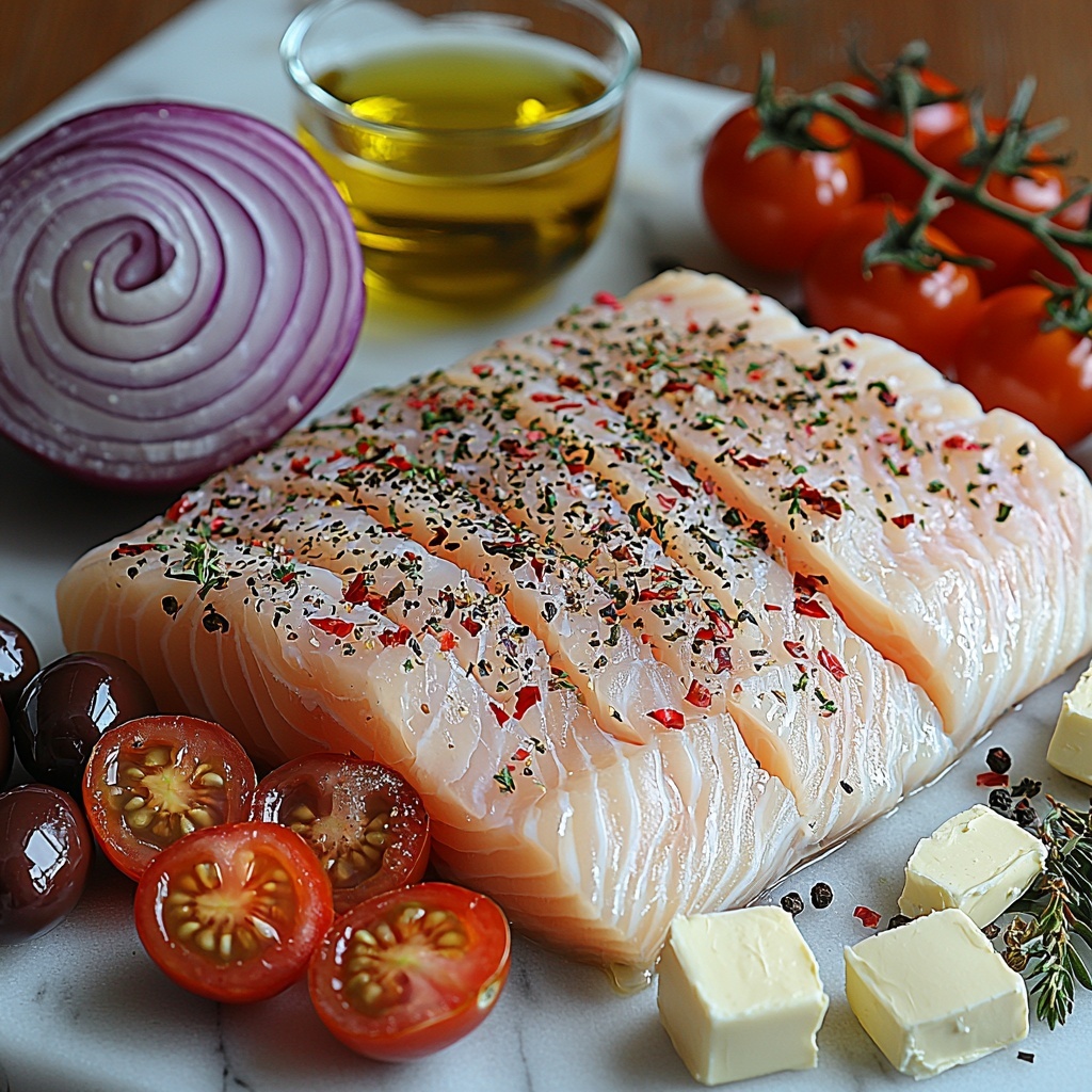 cod fillet raw, fresh pale white fish with delicate flakes, small red onion sliced into thin rings with vibrant purple-red color, crushed garlic cloves with papery skin and creamy white interior, bright red cherry tomatoes halved showing juicy interiors, glossy black sliced olives with smooth texture, small glass bowl of golden olive oil, sprinkling of dried Italian seasoning herbs with green and brown hues, coarse sea salt crystals and cracked black peppercorns scattered, clear glass with white wine, cubes of pale yellow butter, all ingredients carefully arranged on a clean white marble surface, balanced composition with natural light casting soft shadows, colors vibrant and textures emphasized for freshness, space between items to highlight each element, overhead shot, top down view, flat lay photography, professional food styling --ar 1:1 --q 2 --s 750 --v 6.1
