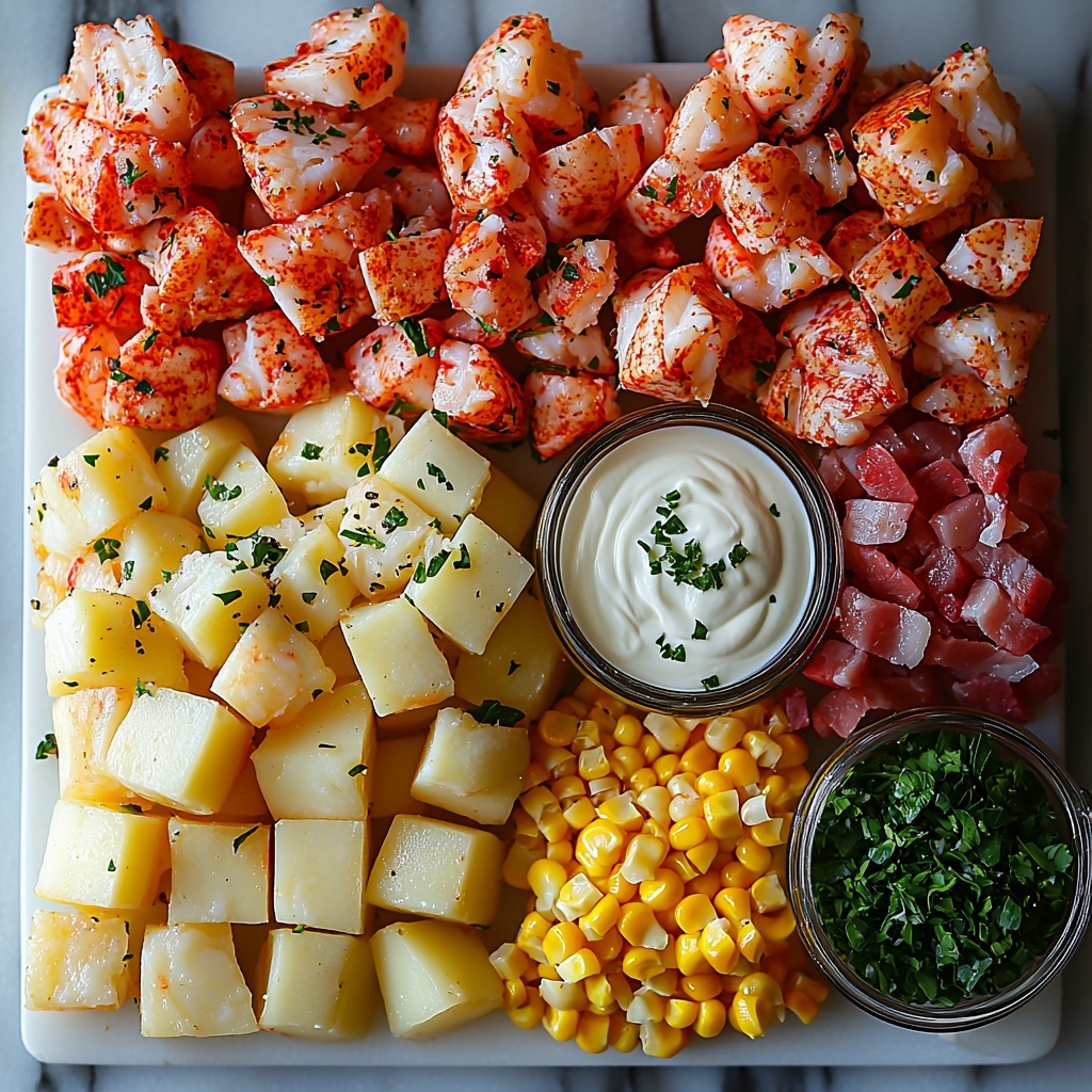 2 cups cooked lobster meat, bright red and tender chunks; 4 slices crispy diced bacon, golden brown with a slight sheen; 1 medium onion, white and purple layers visible with diced pieces; 2 cloves garlic, peeled and minced finely; 2 medium potatoes, peeled and diced into neat cubes, pale yellow; 2 cups corn kernels, bright yellow, fresh and plump; small bunch of fresh thyme with green leaves; 4 cups seafood stock in a clear glass measuring cup, light amber liquid; 2 cups heavy cream in a white ceramic bowl, thick and smooth; chopped fresh parsley, vivid green, sprinkled loosely; all ingredients arranged neatly on a clean white marble surface, spaced evenly with natural daylight highlighting textures and colors, a few herbs and raw ingredients casually scattered for an inviting rustic feel, slight shadows for depth, minimalistic styling with focus on freshness and vibrant colors, overhead shot, top down view, flat lay photography, professional food styling --ar 1:1 --q 2 --s 750 --v 6.1