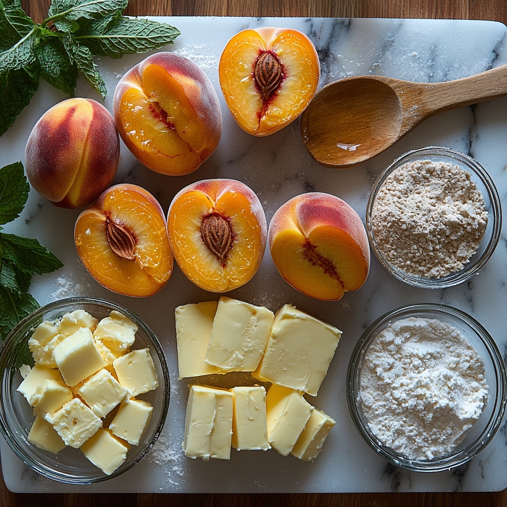 a beautifully styled flat lay of fresh peach cobbler ingredients arranged neatly on a clean white marble surface: five ripe peaches, some whole and some sliced to reveal vibrant orange and yellow flesh with red blush; two small glass bowls—one filled with golden granulated sugar and another with fine white all-purpose flour; a small vintage dish holding six slices of creamy pale yellow butter; a rustic wooden spoon resting beside a mound of light brown ground cinnamon powder; a clear glass measuring cup with milk showing its creamy white color; a tiny bowl containing fine white salt; a small heap of white baking powder in a simple ceramic bowl; warm natural daylight highlighting the varied textures from smooth peaches, powdery flour and sugar, soft butter pats, and the delicate cinnamon dust; subtle shadows adding depth; minimalistic and clean styling with delicate linen napkins and a sprig of fresh mint for a pop of green; all ingredients spaced evenly for balance and visual harmony overhead shot, top down view, flat lay photography, professional food styling --ar 1:1 --q 2 --s 750 --v 6.1