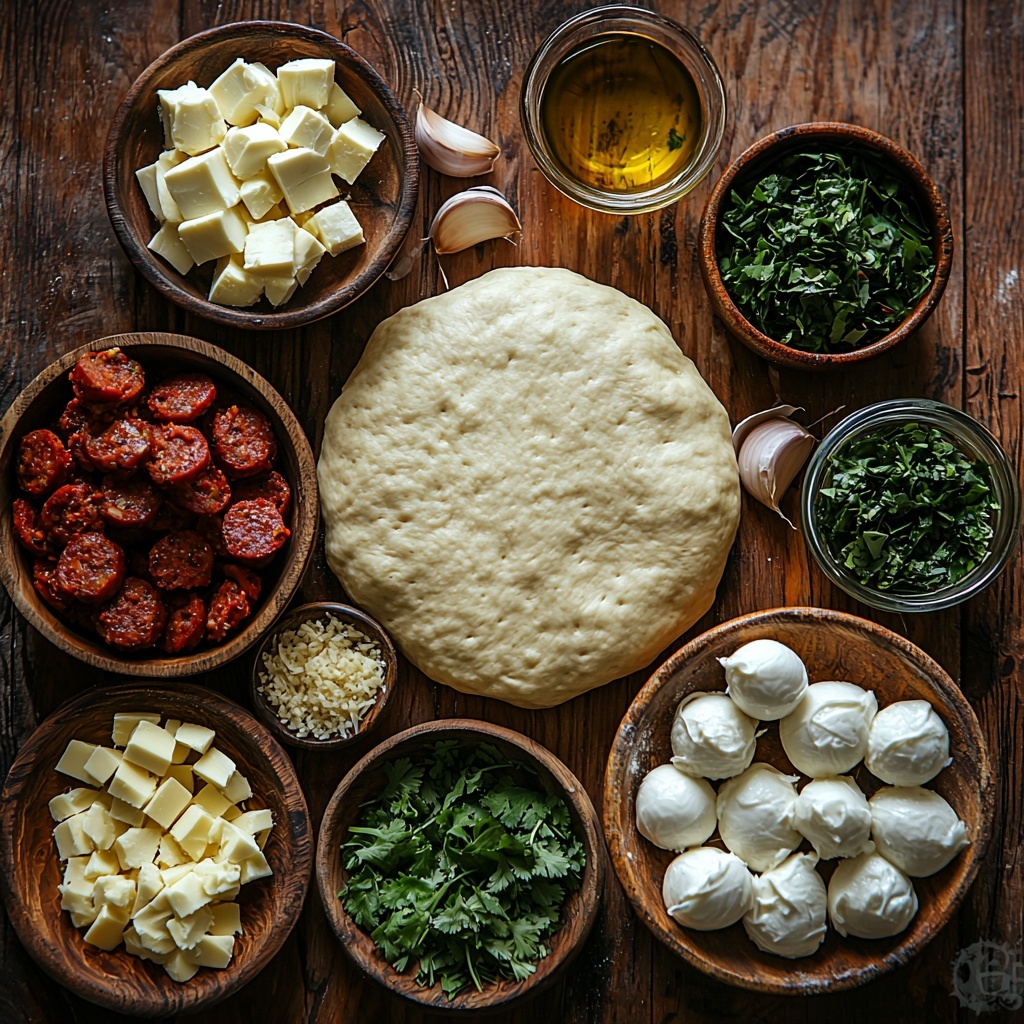 A clean, bright wooden surface with all the main ingredients for a flavorful green chile pizza artfully arranged in a balanced flat lay. Centered is a perfectly round, room temperature pizza dough circle (11-13 inch) with a soft, slightly flour-dusted texture. Nearby, a small clear glass bowl of golden extra virgin olive oil infused with finely grated fresh garlic clove, the unpeeled garlic bulb resting beside it showcasing its papery texture. Torn fresh mozzarella cheese pieces are scattered loosely in a small rustic ceramic bowl, their creamy white, soft, and slightly moist appearance prominent. A small mound of pre-cooked ground Mexican chorizo displays rich, deep reddish-brown coloring and coarse texture. Roasted green chiles, slightly wrinkled and glossy with their smoky char marks, are arranged in a neat pile. Fresh chopped cilantro leaves in a small wooden bowl bring vibrant green color and delicate texture to the composition. The overall scene is bright and inviting, with soft natural daylight highlighting the contrast of colors and textures. Subtle shadows add depth, while minimal, clean props emphasize the freshness and authenticity of the ingredients. overhead shot, top down view, flat lay photography, professional food styling --ar 1:1 --q 2 --s 750 --v 6.1