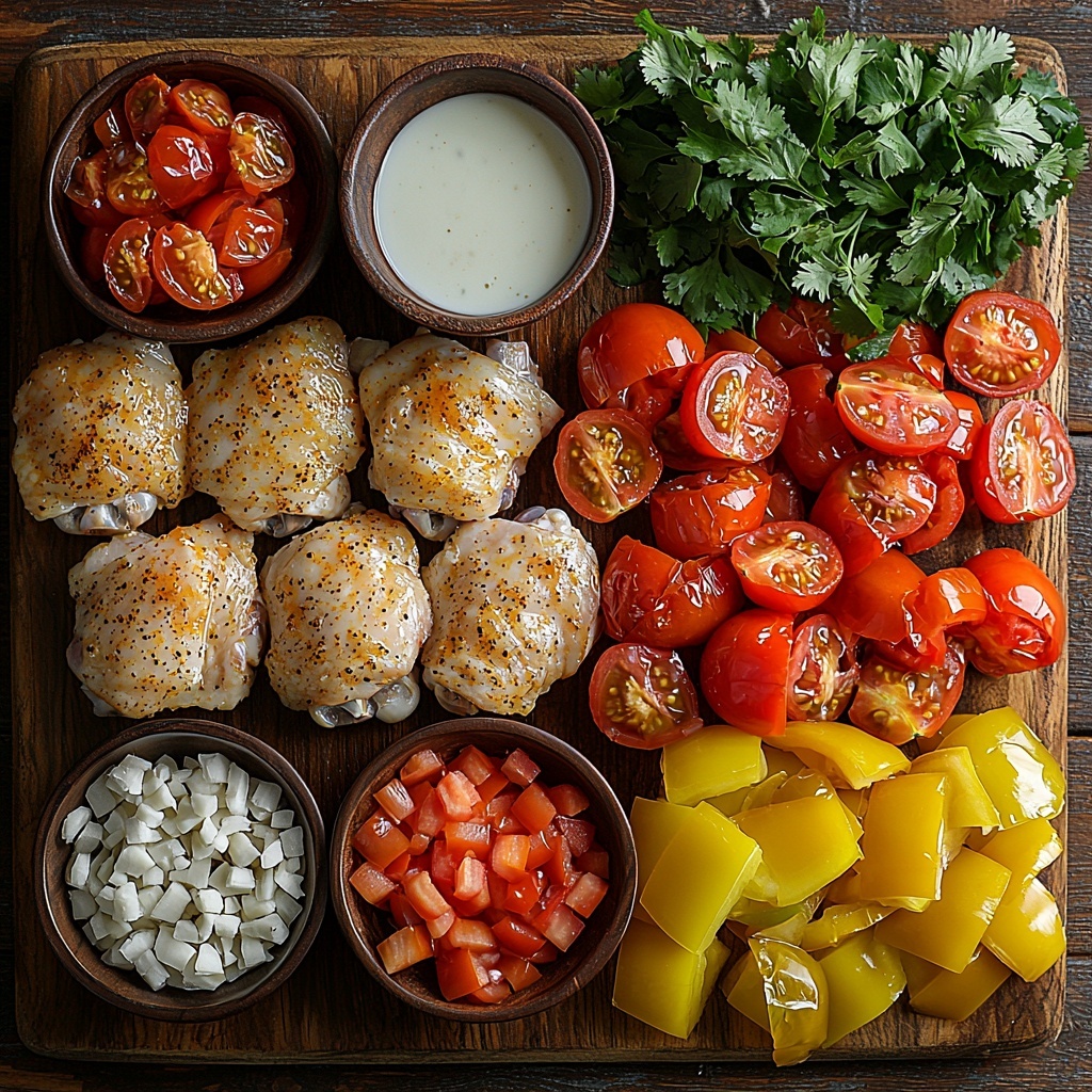 bone-in, skin-on chicken thighs arranged raw and fresh with visible skin texture, a small bowl of creamy full-fat coconut milk with a smooth surface, whole fresh onion with papery outer skin and a few peeled slices revealing crisp white layers, several garlic cloves whole and minced on a wooden board, vibrant red and yellow bell peppers sliced to show glossy, juicy interiors and seeds, ground cumin and paprika powders artistically sprinkled in small piles, a tiny heap of cayenne/red pepper flakes adding bright red contrast, fresh ripe tomatoes whole and diced in a small bowl showing juicy flesh, a bunch of fresh cilantro with bright green leaves fanned out, salt and black peppercorns scattered lightly, a small container of golden cooking oil with reflective liquid surface—all ingredients carefully spaced on a clean, neutral-colored surface with soft natural light casting gentle shadows, styled with rustic wooden and ceramic bowls, a light linen napkin partially in frame to add texture and warmth, overhead shot, top down view, flat lay photography, professional food styling --ar 1:1 --q 2 --s 750 --v 6.1