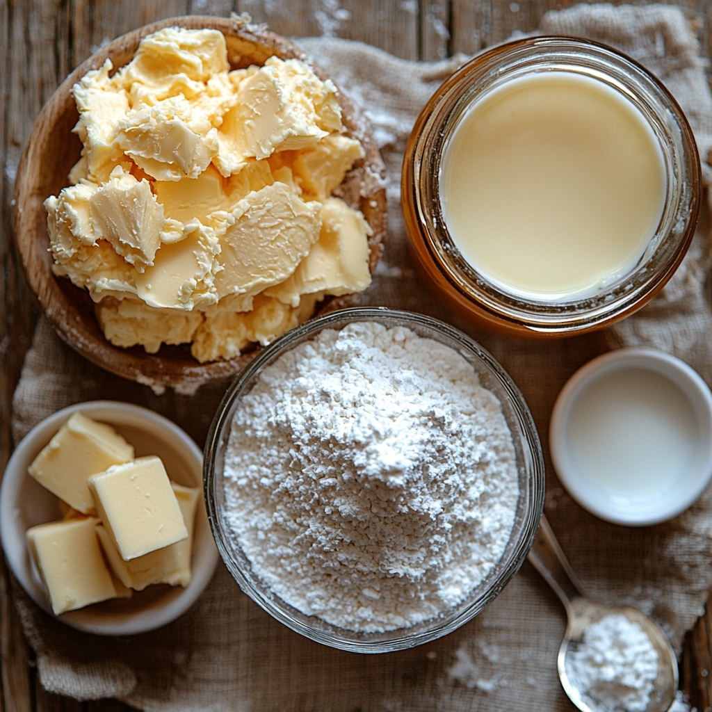 Softened unsalted butter in a small glass bowl with creamy texture, a heap of powdered sugar in a white ceramic ramekin showing fine, powdery texture, a jar of rich, glossy Biscoff spread with deep amber color and smooth surface, a small clear glass bowl with milk reflecting soft white tones, a tiny white dish holding a small amount of golden vanilla extract, all ingredients neatly arranged on a clean, light wooden surface. The composition is balanced with natural daylight highlighting the contrasting textures – the soft butter, powdery sugar, glossy spread, and smooth liquids. Minimalist styling with neutral linen napkin and stainless steel spoons for subtle accents. Overhead shot, top down view, flat lay photography, professional food styling --ar 1:1 --q 2 --s 750 --v 6.1