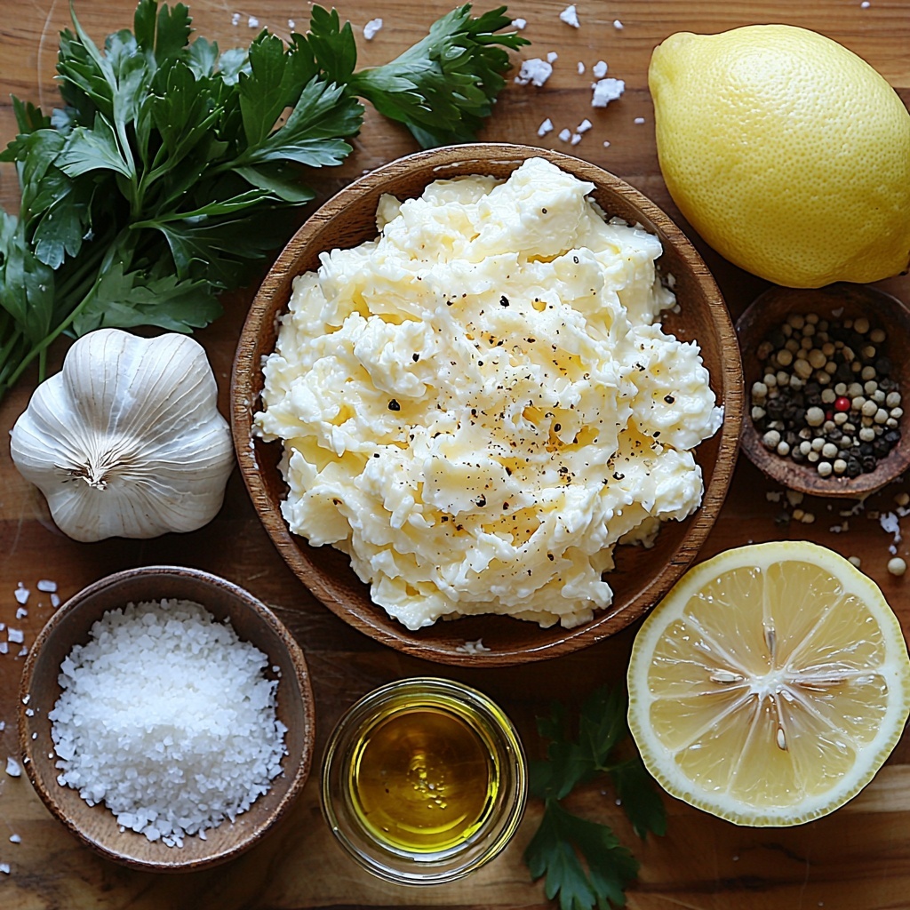 A clean, light wooden surface with ingredients neatly arranged for a flat lay overhead shot: a whole head of garlic with its top cut off showing exposed cloves, a small bowl of golden olive oil with a slight sheen, a glass measuring cup filled with smooth, creamy white heavy cream, a small bowl of finely grated pale yellow Parmesan cheese, a fresh lemon sliced in half with bright yellow zest scattered nearby and a small dish holding freshly squeezed lemon juice, a small rustic bowl of coarse salt and black peppercorns, and a handful of vibrant green fresh parsley leaves artfully placed. Soft natural lighting highlights the textures—the creamy smoothness of the cream, the rough papery garlic skin, the granular Parmesan, and the glossy lemon surfaces—creating an inviting, fresh, and warm ambiance. Shadows are soft and natural, enhancing depth without harshness. The arrangement is balanced with ingredients spaced evenly, some overlapping subtly to create visual interest, styled with minimal props emphasizing freshness and simplicity. Overhead shot, top down view, flat lay photography, professional food styling --ar 1:1 --q 2 --s 750 --v 6.1