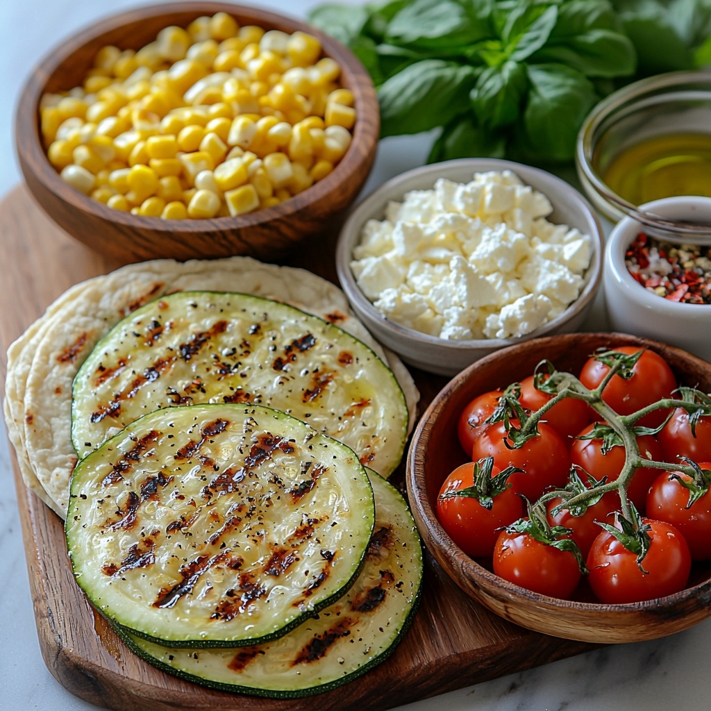 Flat lay photography of fresh summer veggie flatbread ingredients arranged neatly on a clean white marble surface: two rustic flatbreads stacked slightly overlapping with golden, crisp edges; a medium zucchini thinly sliced into round, light green and pale interior pieces, some showing grill marks; a small wooden bowl filled with bright red halved cherry tomatoes glistening with juice; a small glass bowl of vibrant yellow sweet corn kernels; a small ceramic bowl with crumbly white feta or goat cheese; a handful of fresh basil leaves, deep green and torn into rustic pieces scattered loosely; two tablespoons of golden olive oil in a clear glass dish catching light; a small pile of coarse sea salt and ground black pepper next to a pinch of red pepper flakes in a tiny white dish; a sprinkle of pale beige garlic powder artfully placed on the surface. The arrangement is balanced with natural textures—wood grain, smooth glass, matte ceramic, and fresh produce—enhanced by soft natural light casting gentle shadows, evoking a fresh, rustic summer vibe. Overhead shot, top down view, flat lay photography, professional food styling --ar 1:1 --q 2 --s 750 --v 6.1
