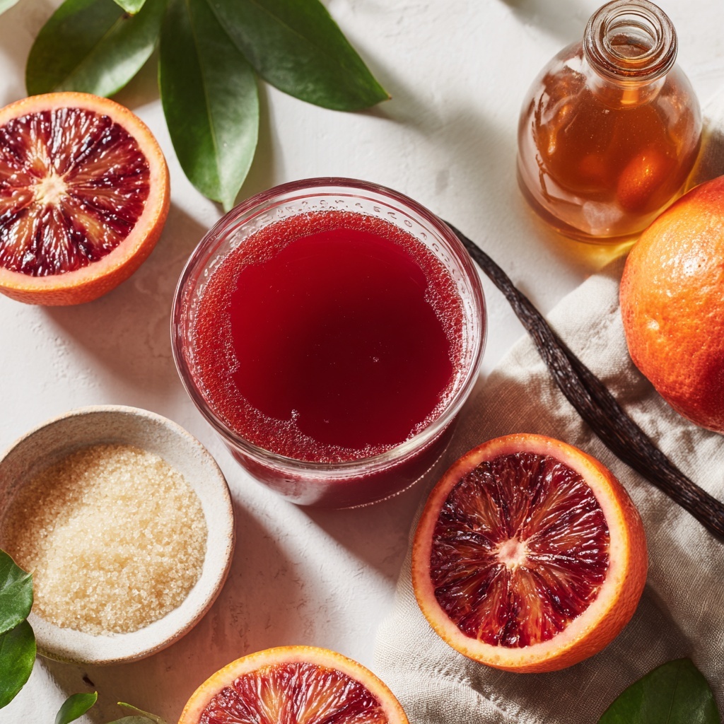 blood orange juice in a clear glass measuring cup showing deep red-orange hue, whole and halved blood oranges with vibrant red flesh and bright orange rind, a small glass bowl of granulated white sugar sparkling in light, a rustic bottle or jar of amber apple cider vinegar with a subtle reflective surface, a split vanilla bean pod laid open to reveal tiny black seeds on a smooth white surface, a small clear bowl of water with light reflections, all ingredients carefully spaced and artistically arranged on a clean white background with natural soft daylight creating gentle shadows and highlights, subtle green leaves or a neutral linen napkin as minimal props for contrast, textures ranging from smooth glass and glossy fruit skin to fine sugar crystals and delicate vanilla seeds emphasized, overhead shot, top down view, flat lay photography, professional food styling --ar 1:1 --q 2 --s 750 --v 6.1