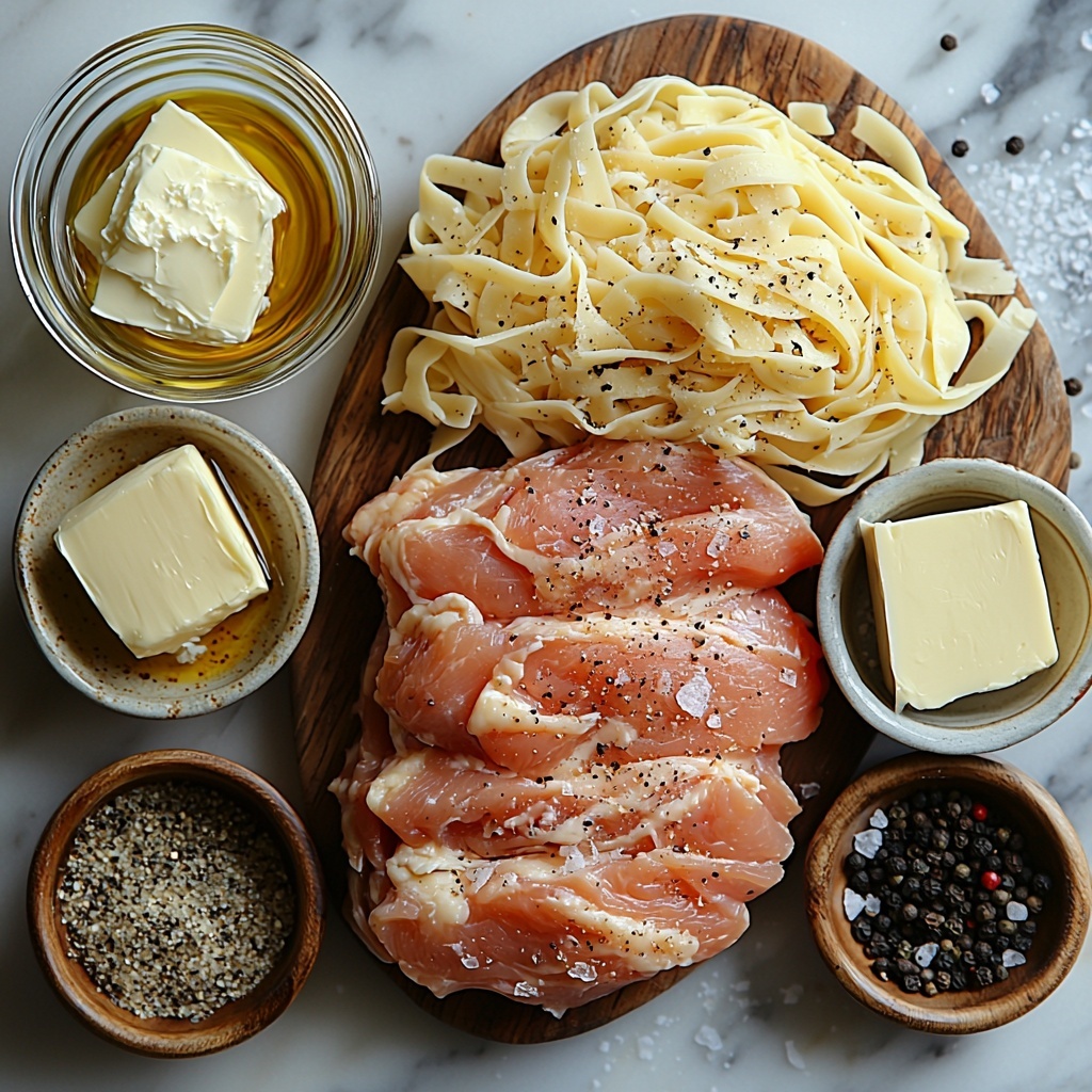 Chicken breasts raw and grilled, small bowl of golden olive oil, garlic cloves minced and whole, teaspoon of garlic salt in a small ceramic dish, black peppercorns scattered, pat of creamy butter on a wooden butter knife rest, small ceramic bowl with white all-purpose flour, clear glass measuring cup with pale yellow chicken broth, glass jug with white 1% milk, pile of grated and shaved high-quality Parmesan cheese on a rustic small plate, pinch of salt crystals in a tiny dish, uncooked fettuccine noodles coiled loosely, all ingredients neatly arranged on a clean white marble surface; natural light casting soft shadows, textures emphasized with slight gloss on olive oil and butter, cheese showing delicate curls and crumbles, chicken breasts exhibiting raw pink tones contrasting with golden grilled sear marks, scattered peppercorns adding rustic charm, minimalistic styling with subtle props like wooden spoons and linen napkins for warmth and contrast, overhead shot, top down view, flat lay photography, professional food styling --ar 1:1 --q 2 --s 750 --v 6.1
