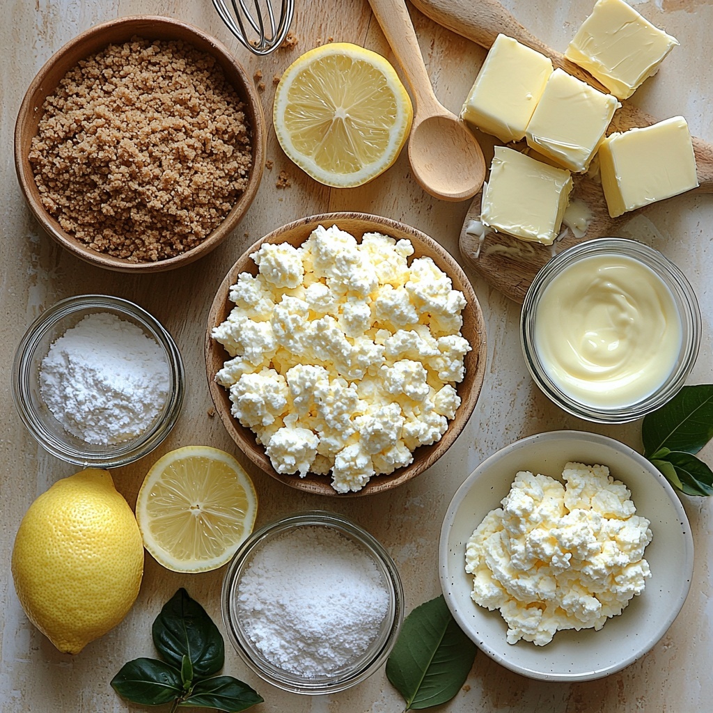 A clean, bright kitchen countertop with all the main ingredients for mini no-bake cheesecakes neatly arranged in a visually appealing flat lay. Feature 2 cups of golden-brown graham cracker crumbs in a small wooden bowl, a small glass bowl of rich, dark brown sugar with its coarse texture visible, and a clear glass bowl holding melted unsalted butter with a glossy surface. Include a chilled glass measuring cup filled with cold, white heavy cream showing light reflections. Place a block of creamy, soft full-fat cream cheese on a rustic white plate, next to a small white dish with fine granulated sugar. Add a small ceramic bowl with smooth, pale sour cream or yogurt, and a fresh lemon cut in half revealing bright yellow juicy flesh. Incorporate a tiny glass container of clear vanilla extract, with a wooden teaspoon resting nearby. Arrange a wooden-handled metal whisk and a silicone spatula casually beside the ingredients for a touch of kitchen authenticity. The surface should be a matte, light-colored wood or neutral stone to emphasize the natural tones of the ingredients. Soft, natural lighting enhances the textures and colors, casting gentle shadows. The composition balances warm tones of browns and creamy whites with pops of yellow from the lemon, creating an inviting and fresh feel. overhead shot, top down view, flat lay photography, professional food styling --ar 1:1 --q 2 --s 750 --v 6.1