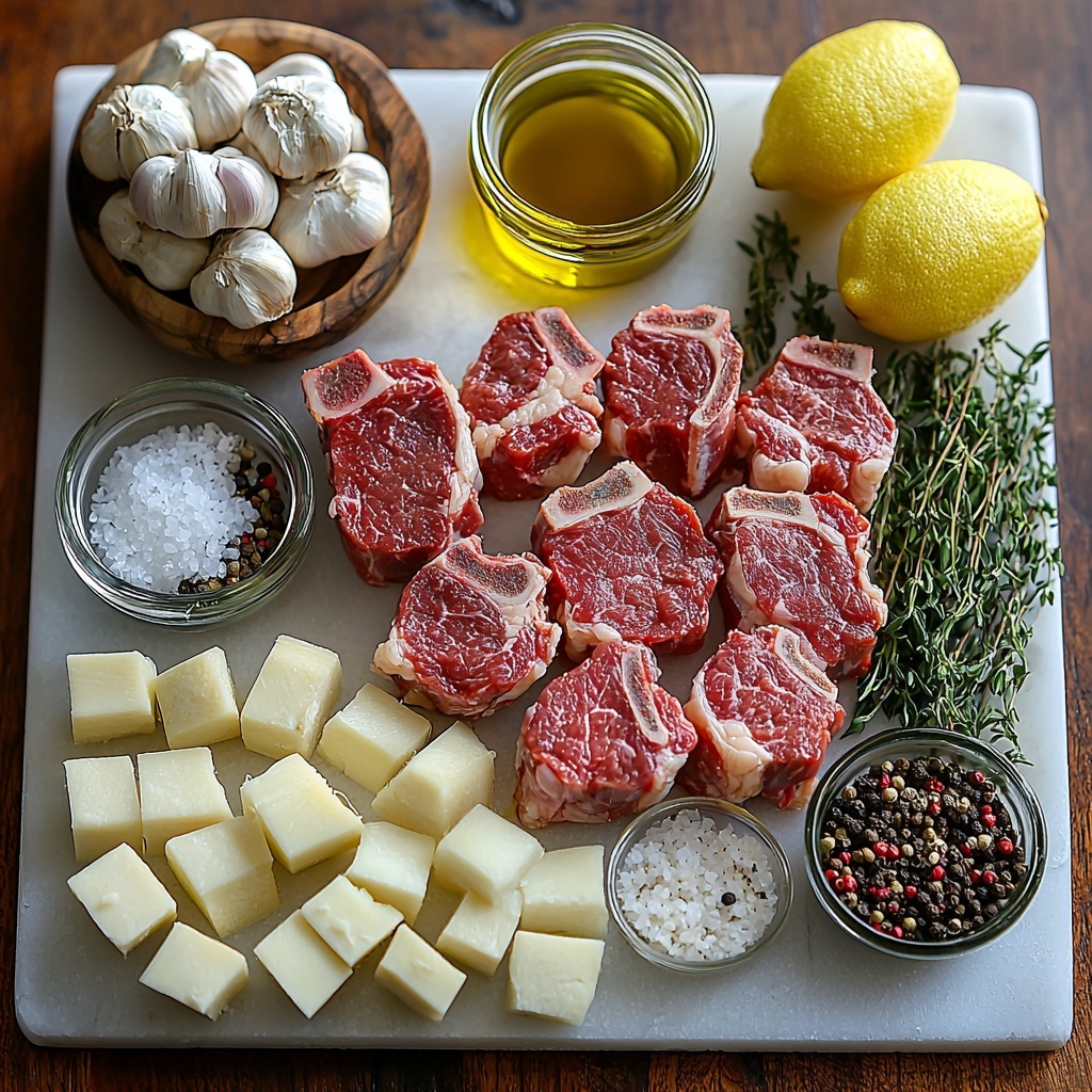 A clean white marble surface with the main ingredients for Garlic Rosemary Lamb Chops artfully arranged in a balanced flat lay composition: a small glass bowl of golden extra-virgin olive oil glistening, three peeled garlic cloves finely minced displayed on a rustic wooden spoon, a small pile of finely diced shallot with soft purple hues, a clear glass bowl of deep red wine vinegar, a small ceramic dish with smooth, glossy Dijon mustard, fresh sprigs of vibrant green rosemary and thyme leaves scattered loosely showing texture and detail, a bright yellow mound of finely grated lemon zest on a white porcelain plate, coarse kosher salt crystals and freshly ground black peppercorns in tiny rustic bowls, and raw frenched rack of lamb chops—pinkish-red with marbled white fat and trimmed edges—arranged slightly fanned out on a dark slate board, complemented by a small jar of light golden canola oil. Soft natural light highlights the colors and textures, delicate shadows add depth, minimal props with a modern rustic aesthetic emphasize freshness and quality. The scene is styled for an inviting, clean, and fresh look emphasizing vibrant colors and natural textures. overhead shot, top down view, flat lay photography, professional food styling --ar 1:1 --q 2 --s 750 --v 6.1