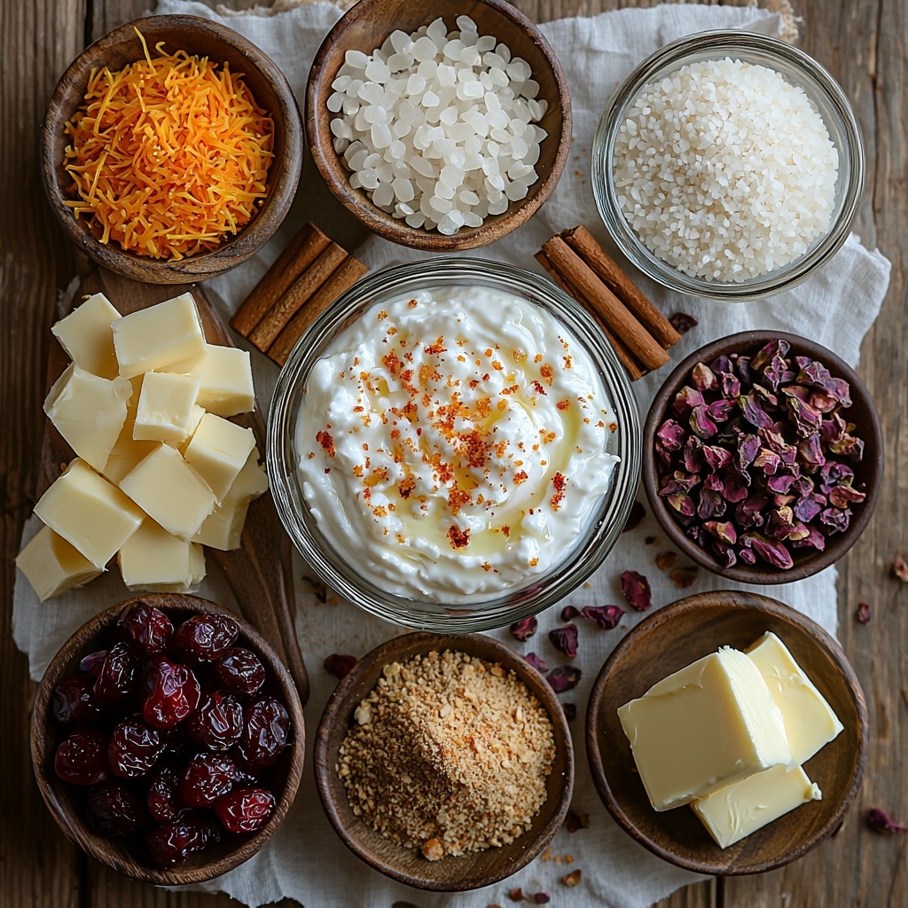 Saffron threads in a small glass bowl with vibrant deep red and orange hues, loose bright white basmati rice grains scattered neatly in a small ceramic dish, Kosher salt crystals sparkling in a tiny rustic wooden scoop, creamy whole milk yogurt dolloped softly in a white porcelain bowl, a small glass jar of golden grape seed oil reflecting light, finely chopped dried cherries with rich dark red tones arranged in a clear glass bowl, a small pile of fresh grated orange zest with bright vivid orange color on a white plate, ground cinnamon powder forming a warm brown dusted circle on a textured ceramic dish, several cubes of pale yellow unsalted butter with smooth silky surfaces on a wooden board, roughly chopped pistachios displaying vibrant green and purple shades scattered artfully on coarse white parchment paper — all ingredients laid out with intentional spacing on a light, clean, neutral-toned linen surface, natural soft daylight from the side casting gentle shadows, minimalistic rustic props enhancing textures, gentle color contrasts emphasized, overhead shot, top down view, flat lay photography, professional food styling --ar 1:1 --q 2 --s 750 --v 6.1