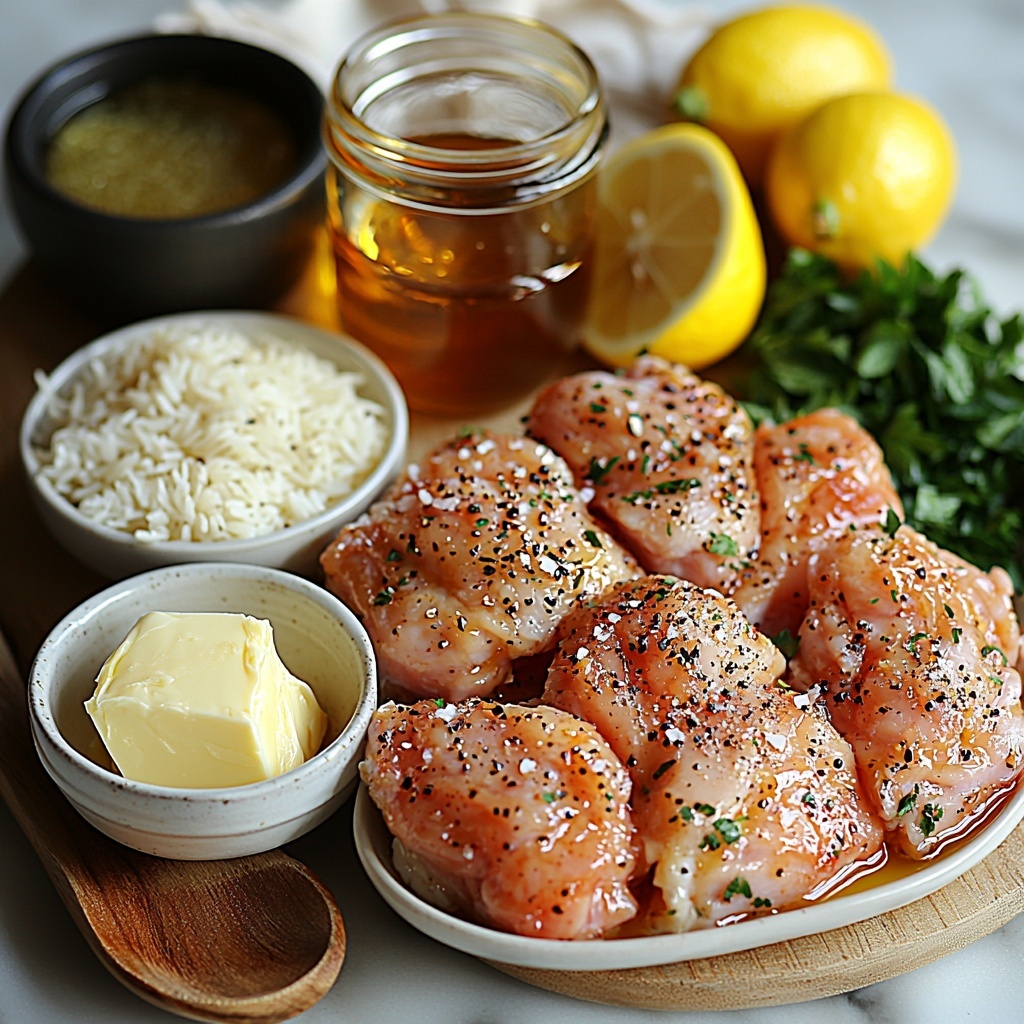 boneless skinless chicken thighs with a light sprinkle of salt and black pepper, uncooked white rice in a small ceramic bowl, four cloves of minced garlic arranged in a neat pile on a white porcelain dish, three tablespoons of golden honey in a clear glass jar reflecting light, three tablespoons of creamy unsalted butter partially melted on a white ramekin, two cups of golden chicken broth in a transparent measuring cup, two tablespoons of dark soy sauce in a small black ceramic bowl, one tablespoon of glossy olive oil in a shallow white dish, vibrant chopped fresh parsley scattered loosely on a wooden spoon and a small white plate, three bright yellow lemon slices arranged in a fan shape on a white plate, ingredients carefully spaced on a clean, matte white surface with soft natural lighting creating subtle shadows, textures highlighted – the smoothness of butter, glossiness of honey and soy sauce, fluffiness of rice grains, and freshness of parsley leaves, minimalistic and airy composition with a few rustic kitchen props like a linen napkin and wooden cutting board edges visible for warmth and contrast, overhead shot, top down view, flat lay photography, professional food styling --ar 1:1 --q 2 --s 750 --v 6.1