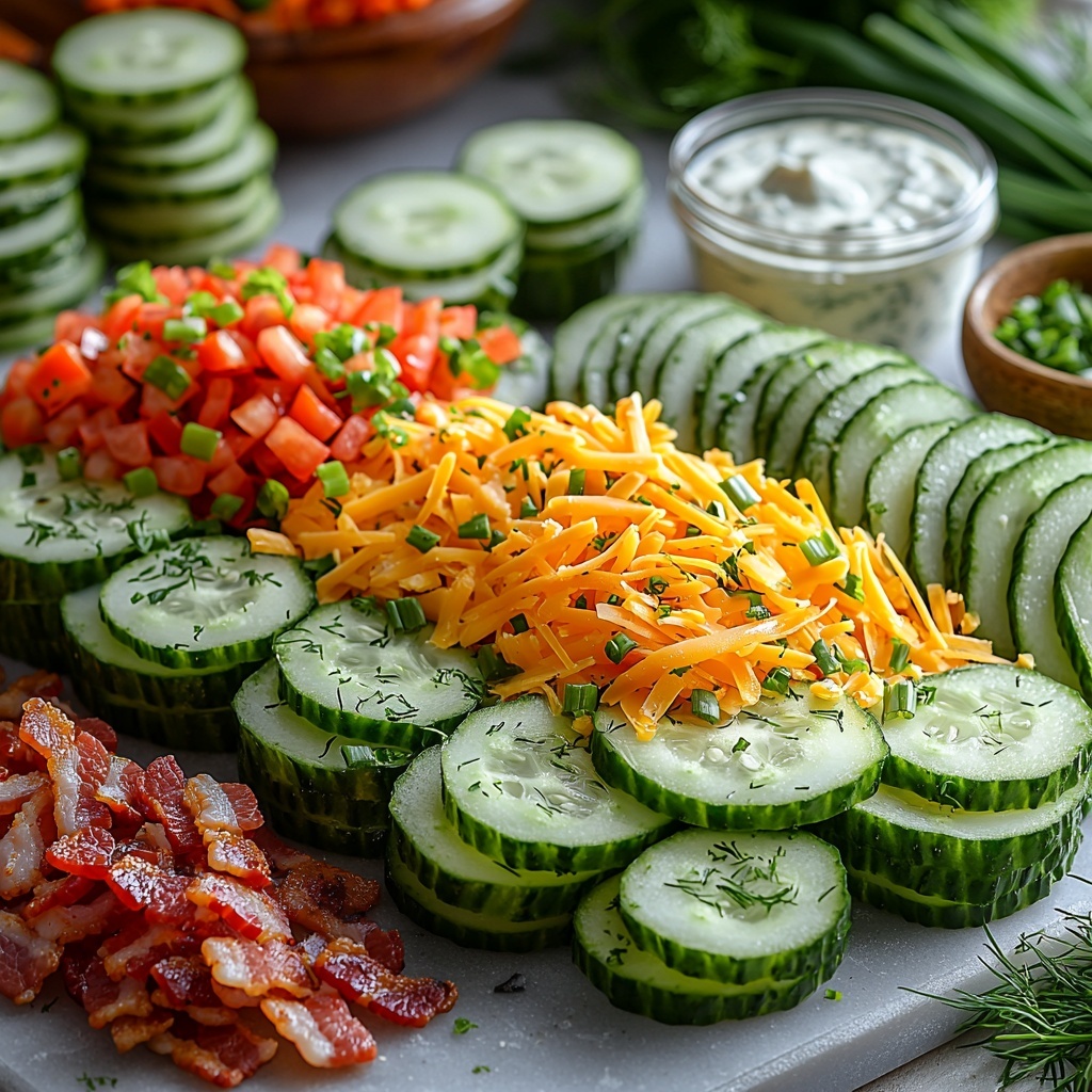 English cucumbers sliced into thin rounds and half-moons arranged neatly on a clean white surface, juicy red and yellow bell pepper strips placed beside them, vibrant green onions finely chopped and scattered artfully, piles of shredded sharp cheddar cheese with its rich orange-yellow color adding depth, crispy crumbled bacon pieces showcasing golden-brown crunch stacked in a small rustic bowl, a small glass bowl of creamy, yogurt-based ranch dressing with visible herb flecks, fresh sprigs of bright green dill and parsley delicately placed for a pop of fresh color, natural lighting highlighting the fresh textures and vivid colors, a clean and minimalist background to emphasize the ingredients, soft shadows creating gentle depth, all ingredients spaced thoughtfully to create visual balance and contrast. overhead shot, top down view, flat lay photography, professional food styling --ar 1:1 --q 2 --s 750 --v 6.1