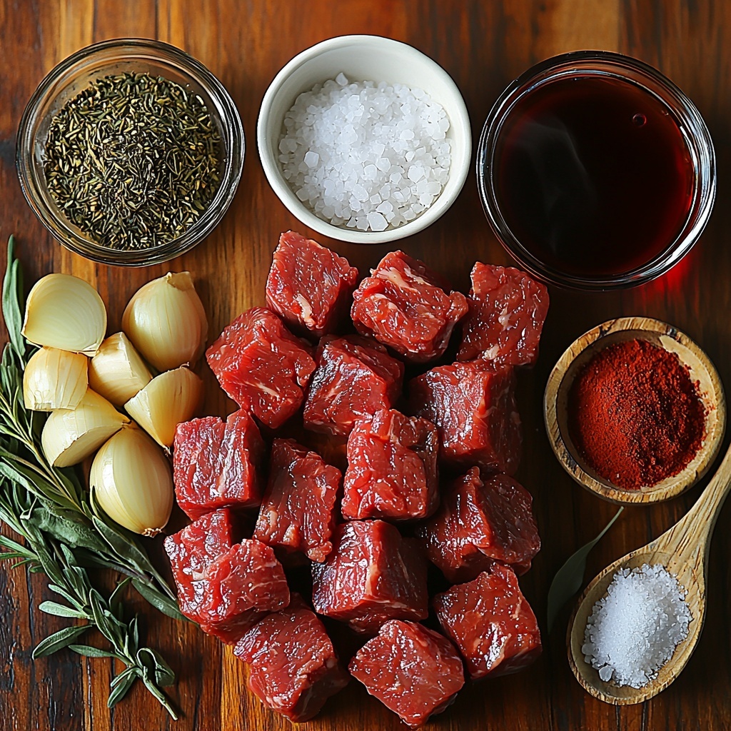 steaming beef chunks, raw beef cut into 1/2 to 1 inch cubes, large yellow onion diced with golden layers visible, two cloves of garlic peeled and minced, small bowl of deep red dry red wine (cabernet sauvignon or pinot noir), rich red tomato paste on a white ceramic spoon, three spoons of vibrant Hungarian paprika powder with fine texture, dried marjoram leaves scattered delicately, coarse salt crystals and freshly ground black peppercorns in small rustic bowls, fresh bay leaf with vibrant green color, clear glass bowl of dark rich beef broth, small dish containing white cornstarch powder with a spoon nearby, shot on a clean light wooden surface with natural soft daylight highlighting colors and textures, ingredients neatly arranged with harmonious spacing, some ingredients slightly overlapping for natural flow, selective focus emphasizing rustic authenticity, warm and inviting mood, subtle shadows for depth, overhead shot, top down view, flat lay photography, professional food styling --ar 1:1 --q 2 --s 750 --v 6.1