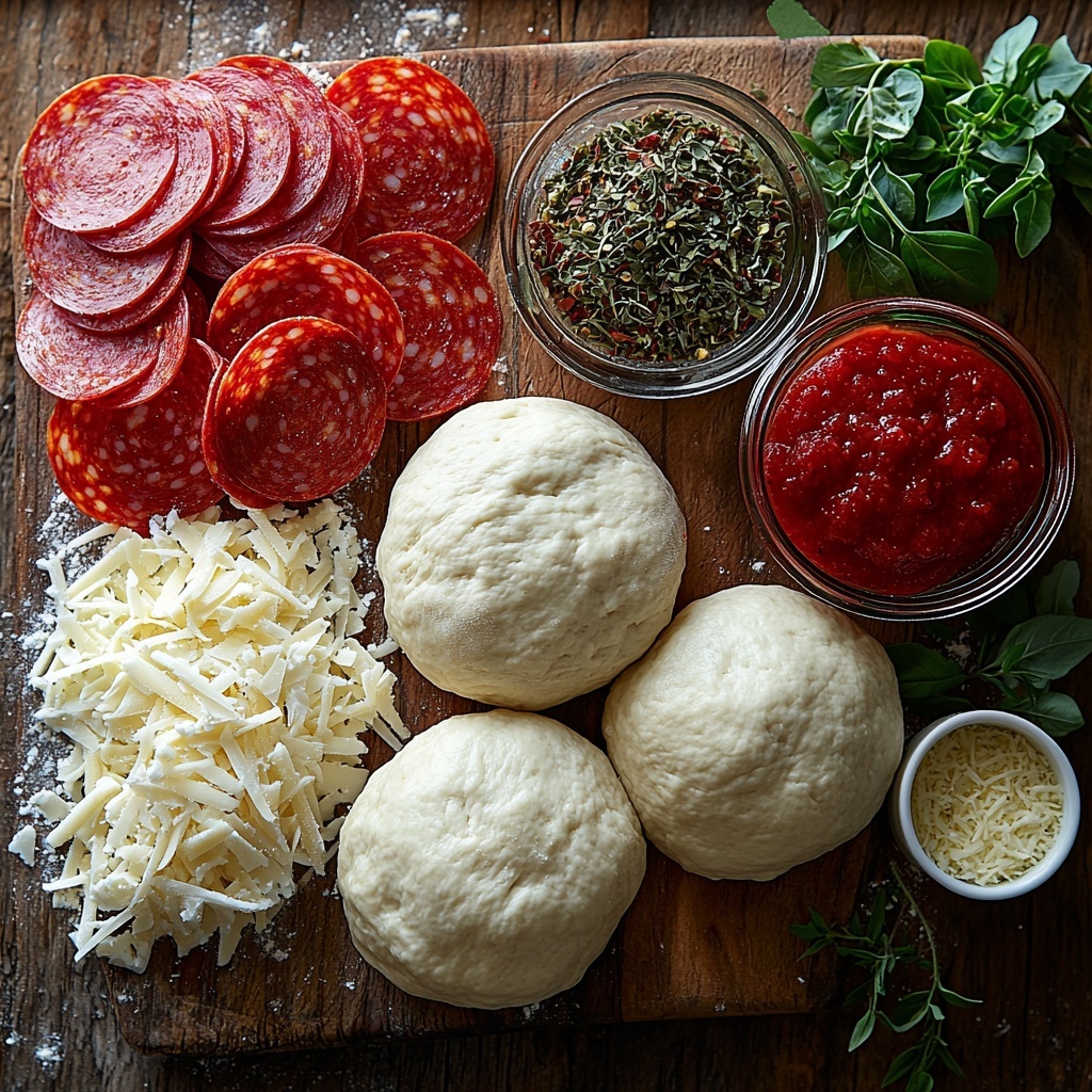 A clean, light wooden surface styled for food photography with the main ingredients for pepperoni pizza bites arranged neatly: a smooth ball of pale pizza dough resting on a small dusting of flour, a circle of vibrant red pepperoni slices fanned out in a semi-circle, a small white bowl filled with shredded mozzarella cheese showing its soft, stringy texture, a tiny glass jar of deep red marinara sauce with a glossy surface, and a delicate teaspoon of dried Italian seasoning with green and brown herb flecks artfully scattered nearby. Soft natural light casts gentle shadows, highlighting the contrasts between the warm reds, creamy whites, and earthy tones. The ingredients are spaced evenly with a few scattered flour particles and a sprig of fresh Italian herbs for added color and freshness. overhead shot, top down view, flat lay photography, professional food styling --ar 1:1 --q 2 --s 750 --v 6.1