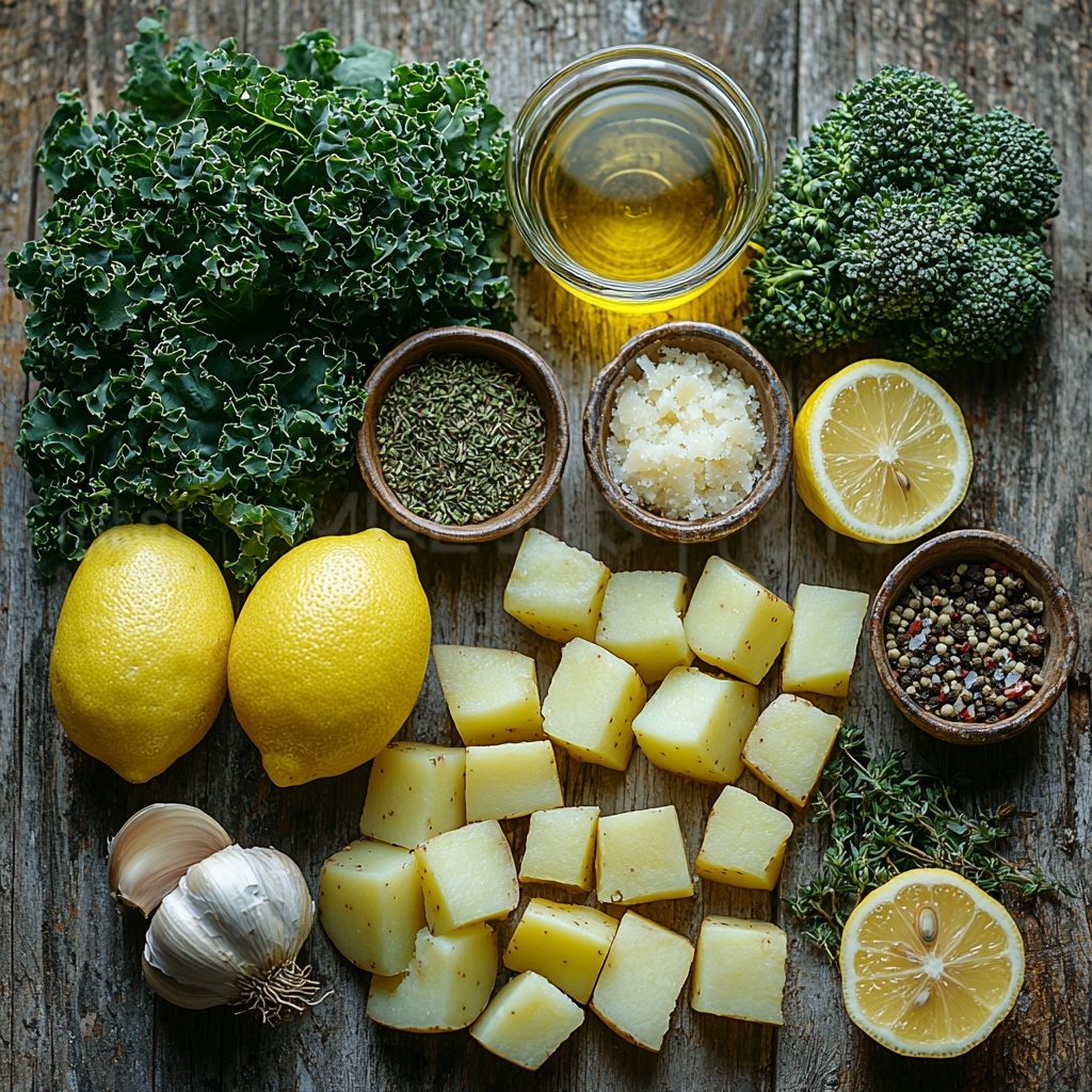 A clean, light wooden surface arranged with fresh ingredients for a broccoli kale soup: a small glass bowl of golden olive oil, four large garlic cloves minced and whole, a small yellow onion diced into neat cubes, vibrant green broccoli florets with some stem pieces, two small-medium Yukon Gold potatoes cut into chunks, a few sprigs of dried thyme and basil scattered elegantly, a small heap of deep green curly kale leaves loosely arranged, a clear glass pitcher of light vegetable broth, half a bright yellow lemon sliced to show juicy pulp, a small bowl filled with finely grated pale ivory Parmesan cheese, and salt and pepper in small vintage ceramic bowls. Textures range from the rough kale leaves and firm broccoli florets to the smooth lemon skin and shiny olive oil. Soft natural lighting enhances the fresh, wholesome colors—bright greens, warm yellows, and creamy whites—with delicate shadows adding depth. Ingredients are spaced evenly with some overlapping for dynamic composition, styled with minimal rustic props like a wooden spoon and linen napkin for contrast and warmth. Overhead shot, top down view, flat lay photography, professional food styling --ar 1:1 --q 2 --s 750 --v 6.1