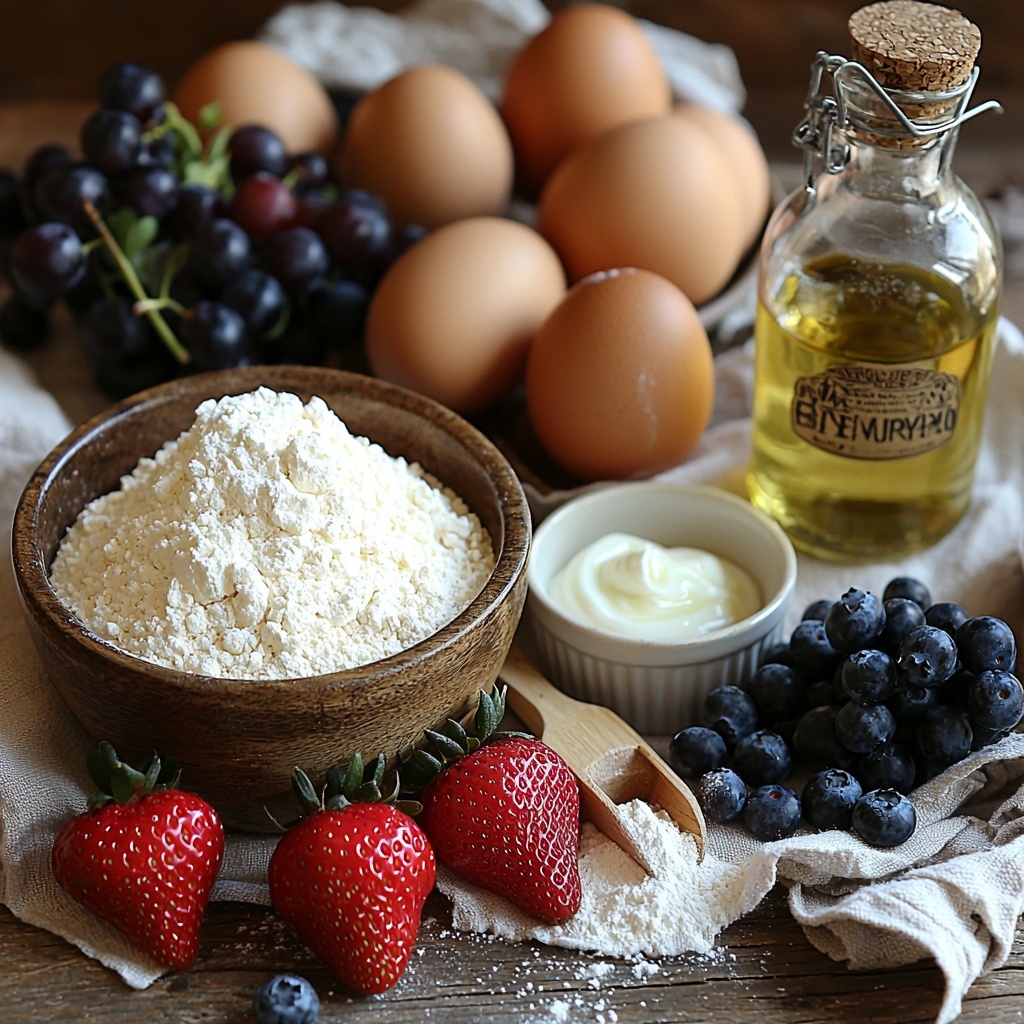 all purpose flour in a small rustic bowl with a wooden scoop, a heap of white granulated sugar in a vintage glass jar, fresh large eggs with smooth brown shells arranged neatly, a ceramic bowl filled with thick creamy Greek yogurt, a small glass bottle of golden extra virgin olive oil, a tiny dish with pale amber vanilla extract, a spoonful of light beige baking powder and baking soda side by side on a white ceramic plate, a pinch of coarse kosher salt in a delicate porcelain spoon, powdered sugar lightly dusted over a linen napkin, fresh vibrant assorted fruit including red strawberries, deep blue blueberries, and green grapes scattered artistically, everything laid out on a clean warm-toned wooden surface, natural daylight illuminating soft textures and subtle shadows, minimalistic and airy styling with neutral-toned props and linen, overhead shot, top down view, flat lay photography, professional food styling --ar 1:1 --q 2 --s 750 --v 6.1