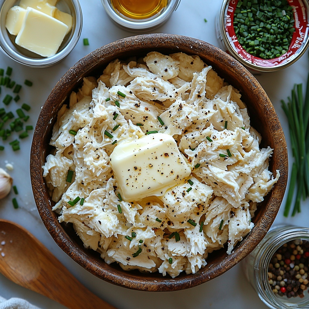 10 ounces cooked shredded chicken breast in a small rustic bowl, soft creamy white cream cheese block partially unwrapped, a dollop of softened salted butter on a wooden butter knife, small white ramekin with dried green chives, a similar ramekin with pale yellow dried minced onion, coarse salt and black peppercorns scattered nearby, unopened can of Pillsbury crescent roll dough with vibrant blue and red label, small glass bowl with golden melted butter shimmering under light, clear bowl filled with golden coarse Italian breadcrumbs, unopened can of cream of chicken soup with classic vintage label, small packet of chicken gravy mix in white and red packaging, measuring cup with clear water, all ingredients arranged neatly on a bright clean white marble surface, contrasting textures and colors enhanced by natural soft daylight, subtle shadows for depth, minimalistic styling with sprigs of fresh chives and a folded linen napkin adding warmth, overhead shot, top down view, flat lay photography, professional food styling --ar 1:1 --q 2 --s 750 --v 6.1