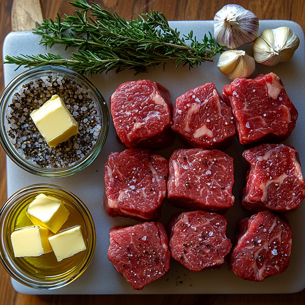 sirloin steak cut into bite-sized pieces with rich red and marbled textures, small glass bowl of coarse salt and black pepper, fresh rosemary sprigs with vibrant green needles, a small clear bowl of golden vegetable oil, two tablespoons of creamy yellow butter cubes on a white dish, two peeled garlic cloves next to finely minced garlic in a tiny bowl, a small pile of bright chopped fresh parsley leaves, all ingredients carefully spaced and arranged on a clean, light-colored wooden surface with soft natural lighting creating gentle shadows and highlighting the textures, minimalist styling with subtle rustic accents such as a linen napkin folded nearby and a vintage silver spoon, overhead shot, top down view, flat lay photography, professional food styling --ar 1:1 --q 2 --s 750 --v 6.1