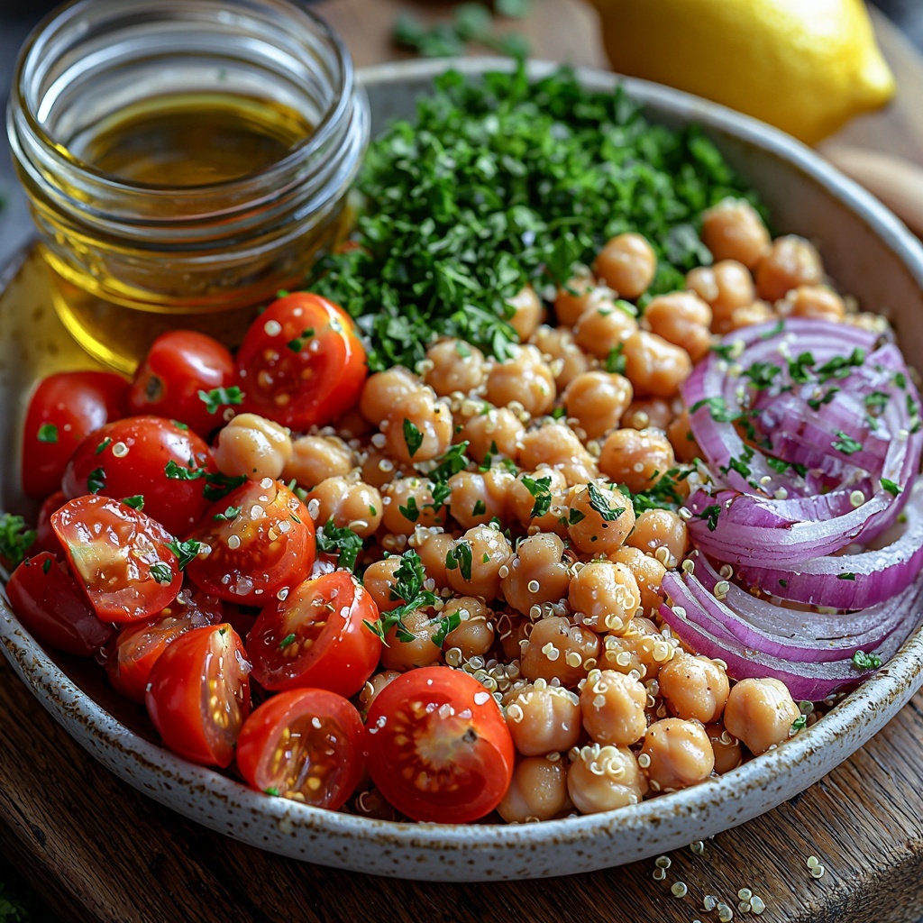 quinoa grains in a small rustic bowl, clear glass jar of water beside it, a can of chickpeas opened with some chickpeas spilled artfully nearby, fresh bright green chopped parsley loosely piled on a wooden cutting board, thinly sliced vibrant purple-red half red onion fanned out on a white ceramic plate, glossy red cherry tomatoes halved and scattered with some whole, a fresh lemon cut in half showing juicy yellow flesh with zest curls beside it, a small spilled pool of golden extra virgin olive oil with a wooden spoon resting in it, coarse sea salt crystals and cracked black peppercorns sprinkled delicately around, all ingredients arranged neatly on a clean, light wood surface with natural soft daylight highlighting the colors and textures, slight shadows for depth, styled with minimal rustic props to emphasize freshness and vibrancy, overhead shot, top down view, flat lay photography, professional food styling --ar 1:1 --q 2 --s 750 --v 6.1