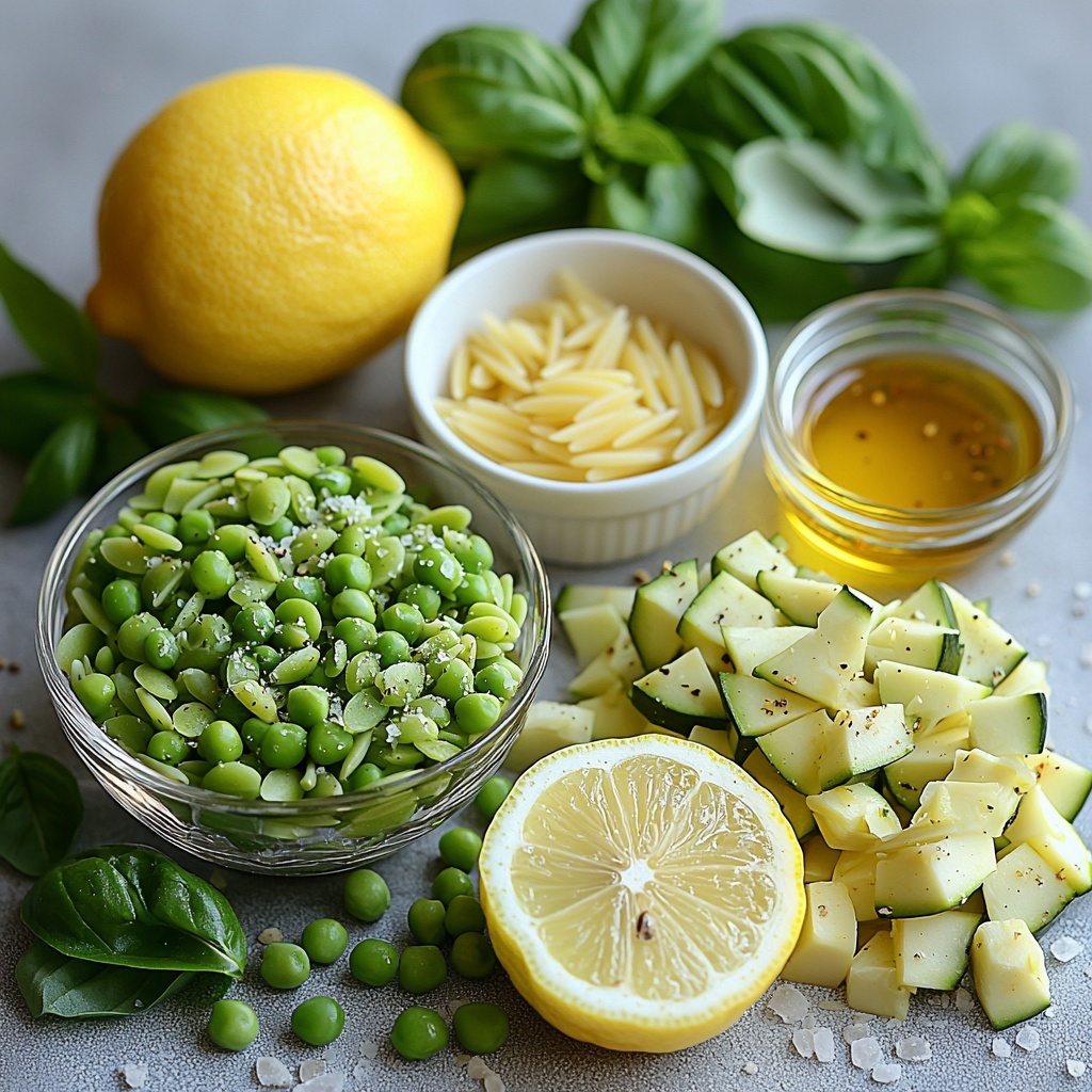 16 ounces uncooked orzo pasta loosely piled in a small glass bowl, next to a small bowl of glossy marinated artichoke hearts with a slightly oily texture; fresh bright green peas scattered loosely on the clean surface; a fresh zucchini cut into thin pale green matchsticks arranged in a neat pile; one whole bright yellow lemon with a sectioned lemon half showing juicy pulp beside it; a small heap of vibrant green roughly chopped basil leaves; a small white bowl containing golden olive oil mixed with a light sprinkling of dried oregano and coarse kosher salt crystals visible; a tiny bowl of white wine vinegar with a translucent sheen; fresh lemon zest curls sprinkled artfully near the lemon; all ingredients spaced evenly on a clean white matte surface with natural soft daylight casting gentle shadows, minimalistic styling with a focus on fresh colors and contrasting textures, sharp focus with slight depth for dimension, fresh and inviting overhead shot, top down view, flat lay photography, professional food styling --ar 1:1 --q 2 --s 750 --v 6.1