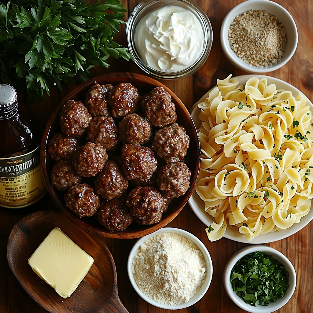 Precooked meatballs arranged in a small rustic bowl, plump and browned; a pat of creamy butter melting on a wooden spoon; a small heap of golden all-purpose flour gently spilled beside it; a glass measuring cup filled with rich, dark beef broth; small white ceramic bowls containing coarse salt and ground black pepper; separate small bowls with fragrant Italian seasoning, garlic powder, and onion powder in varied fine textures; a glossy bottle of Worcestershire sauce tilted for visibility; a spoonful of smooth, pale Dijon mustard on a white porcelain dish; a dollop of thick, tangy sour cream in a rustic ramekin; cooked medium egg noodles loosely coiled on a white ceramic plate, their soft yellow curls showing texture; fresh sprigs of bright green parsley alongside a small bowl of dried parsley flakes; all items thoughtfully spaced on a clean, light wooden surface with soft natural lighting highlighting the diverse textures and warm earthy colors, styled with minimalistic props and subtle shadows for a clean, fresh appearance, overhead shot, top down view, flat lay photography, professional food styling --ar 1:1 --q 2 --s 750 --v 6.1