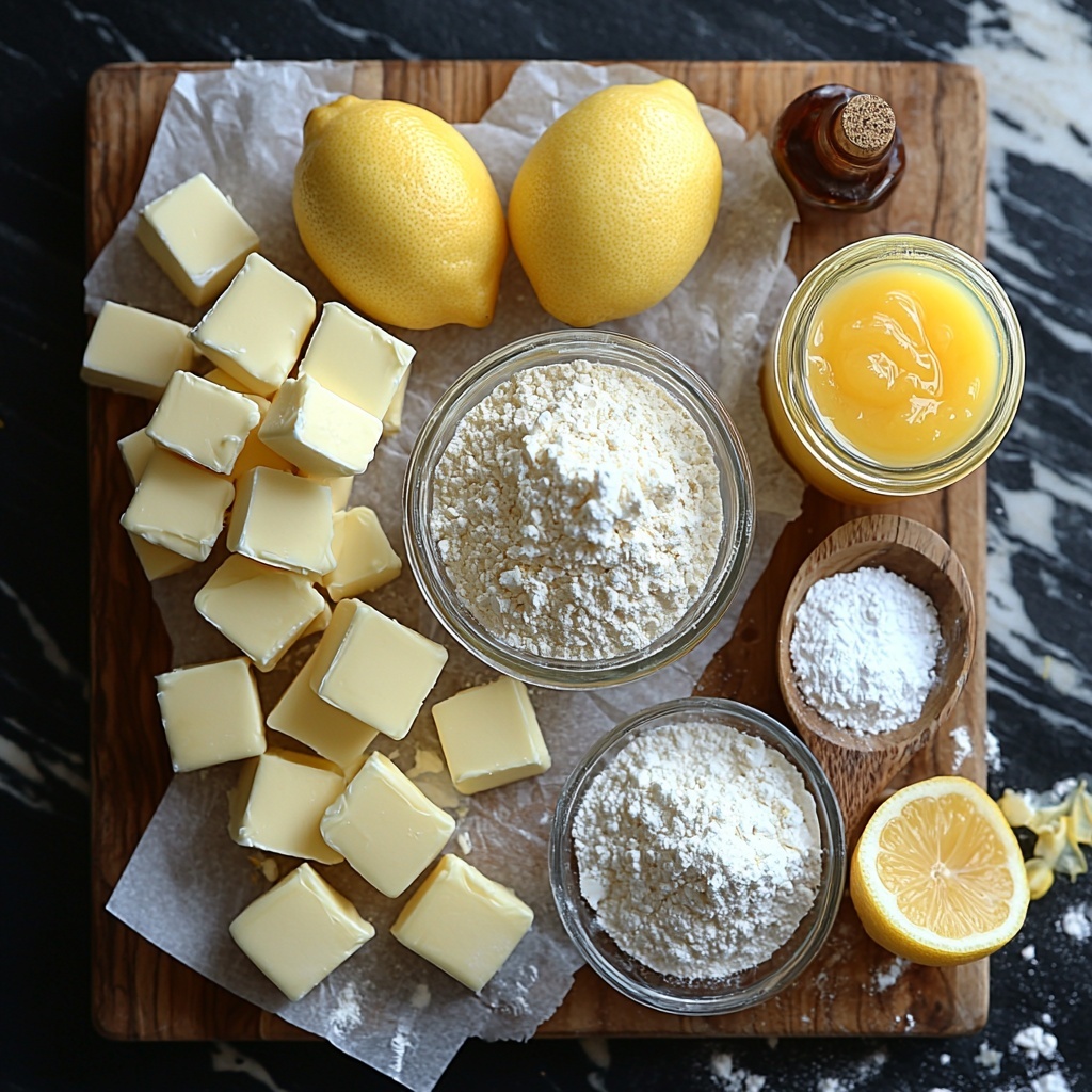 white chocolate baking chips in a small glass bowl, unsalted butter cubed on a wooden cutting board with a butter knife, a neat pile of all-purpose flour on parchment paper, granulated sugar in a clear glass jar with a wooden spoon, four large eggs and four large egg yolks cracked beside them in a small white dish, a bright lemon curd jar with a spoon dipped inside showing its glossy texture, two fresh lemons with vibrant yellow zest curls displayed next to them, a small glass bowl of pure vanilla extract dark amber in color, and a fine dusting of powdered sugar artfully scattered on a dark slate surface; all items carefully spaced on a clean white marble countertop, contrasting textures of smooth chocolate chips, soft butter, powdery flour, and glossy curd highlighted under soft natural light with subtle shadows, styled in an inviting and balanced composition with rustic kitchen props and minimalistic elegant touch, overhead shot, top down view, flat lay photography, professional food styling --ar 1:1 --q 2 --s 750 --v 6.1