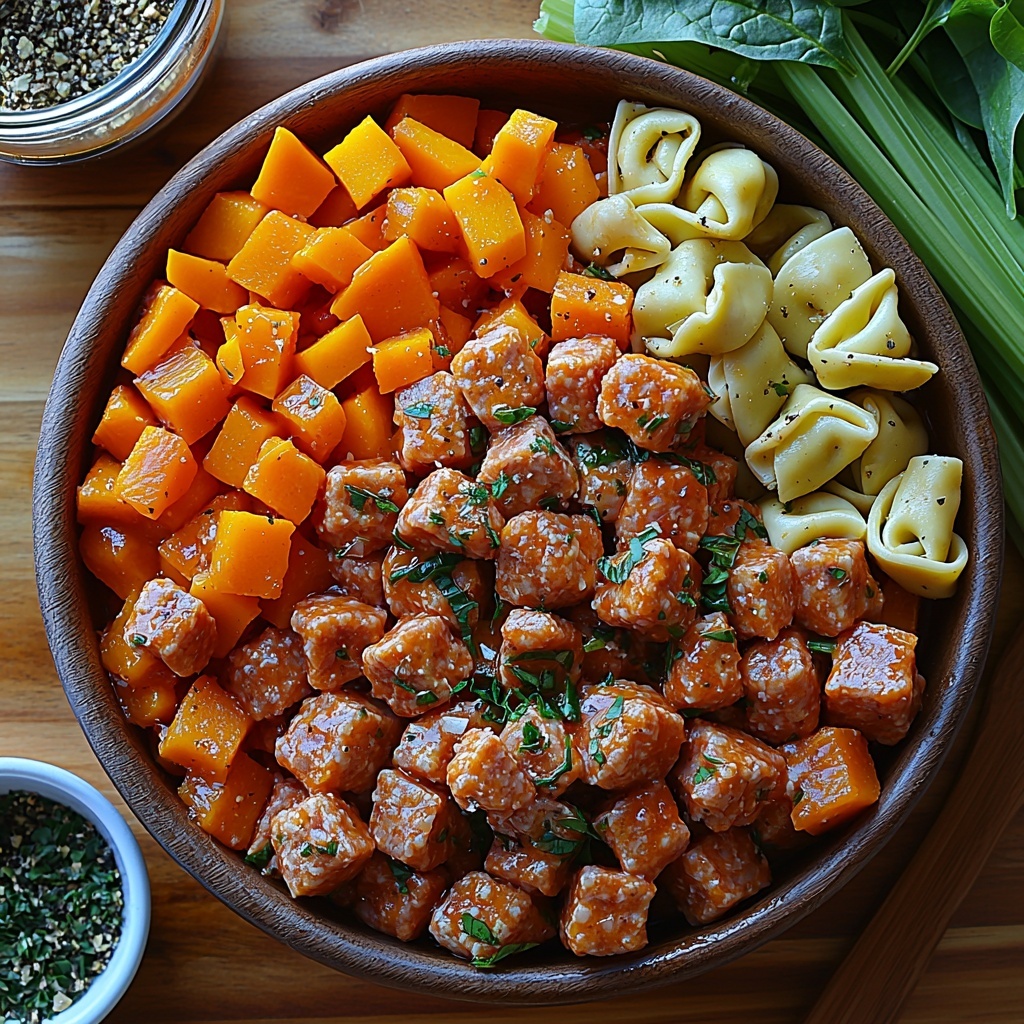 Ground Italian sausage in a small rustic bowl with raw texture of the meat visible, peeled bright orange carrot sticks neatly arranged in a fan shape, fresh celery stalks sliced into crisp green rounds in a small pile, finely diced translucent white onion scattered lightly, minced garlic cloves on a small white ceramic dish, vibrant cubed butternut squash with deep orange color stacked tidily, opened can of diced tomatoes with rich red and juicy texture spilling slightly into a small bowl, a glass measuring cup filled with golden chicken broth showing its clear, warm hue, small white bowl holding dried thyme and oregano sprigs alongside a heap of coarse black pepper, a bag of fresh, soft tortellini with pale, pillowy dough pieces spread gently across the surface, bright green spinach leaves fanned out to showcase their fresh, crisp texture. All ingredients artfully spaced on a smooth, neutral light wood tabletop with soft natural lighting that enhances the warm, inviting colors and varied textures, subtle shadows adding depth, minimalistic styling with a clean and organized aesthetic, fresh herbs and a small wooden spoon included as props for visual interest. Overhead shot, top down view, flat lay photography, professional food styling --ar 1:1 --q 2 --s 750 --v 6.1