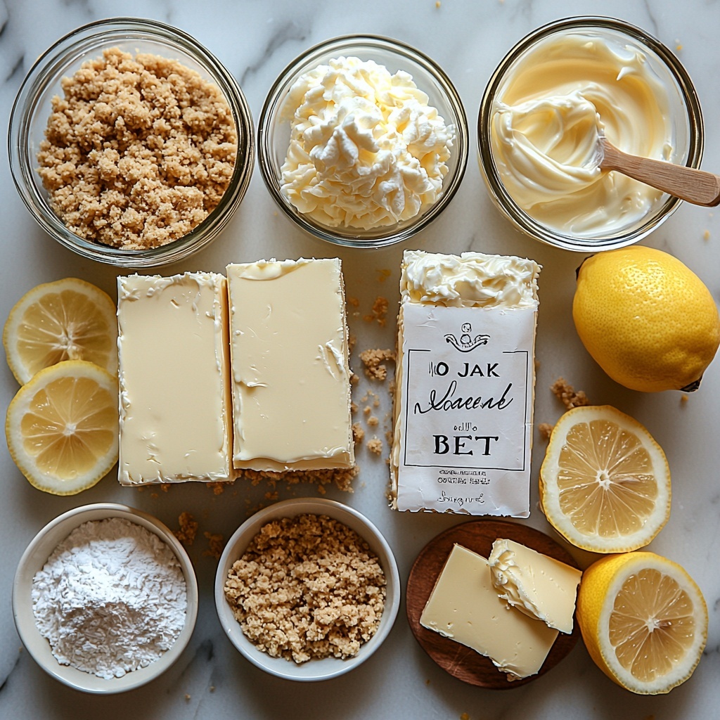 A clean white marble surface with the main ingredients for no-bake lemon cheesecake bars arranged neatly: a small clear glass bowl filled with golden graham cracker crumbs, next to a small metal bowl of melted pale yellow unsalted butter; two blocks of soft cream cheese in a smooth rectangular shape wrapped partially in white parchment paper; a small white ceramic bowl of fine white powdered sugar; a tiny glass bowl holding translucent lemon juice with a bright yellow lemon zest garnish beside it; a small glass bowl of fluffy whipped cream with soft peaks; a clear glass bowl with granulated sugar crystals sparkling under the light; a wooden spoon dusted with cornstarch powder; fresh lemon slices with vibrant yellow rind and pale juicy flesh artistically fanned out; scattered curls of fresh lemon zest adding texture and bright color pops; a dollop of airy whipped cream on a small white plate with an offset silver spoon; soft natural lighting emphasizing the creamy textures, bright yellows, and warm, neutral browns, shot from directly above, with negative space around each item to highlight the ingredients individually in a calm, inviting composition — overhead shot, top down view, flat lay photography, professional food styling --ar 1:1 --q 2 --s 750 --v 6.1