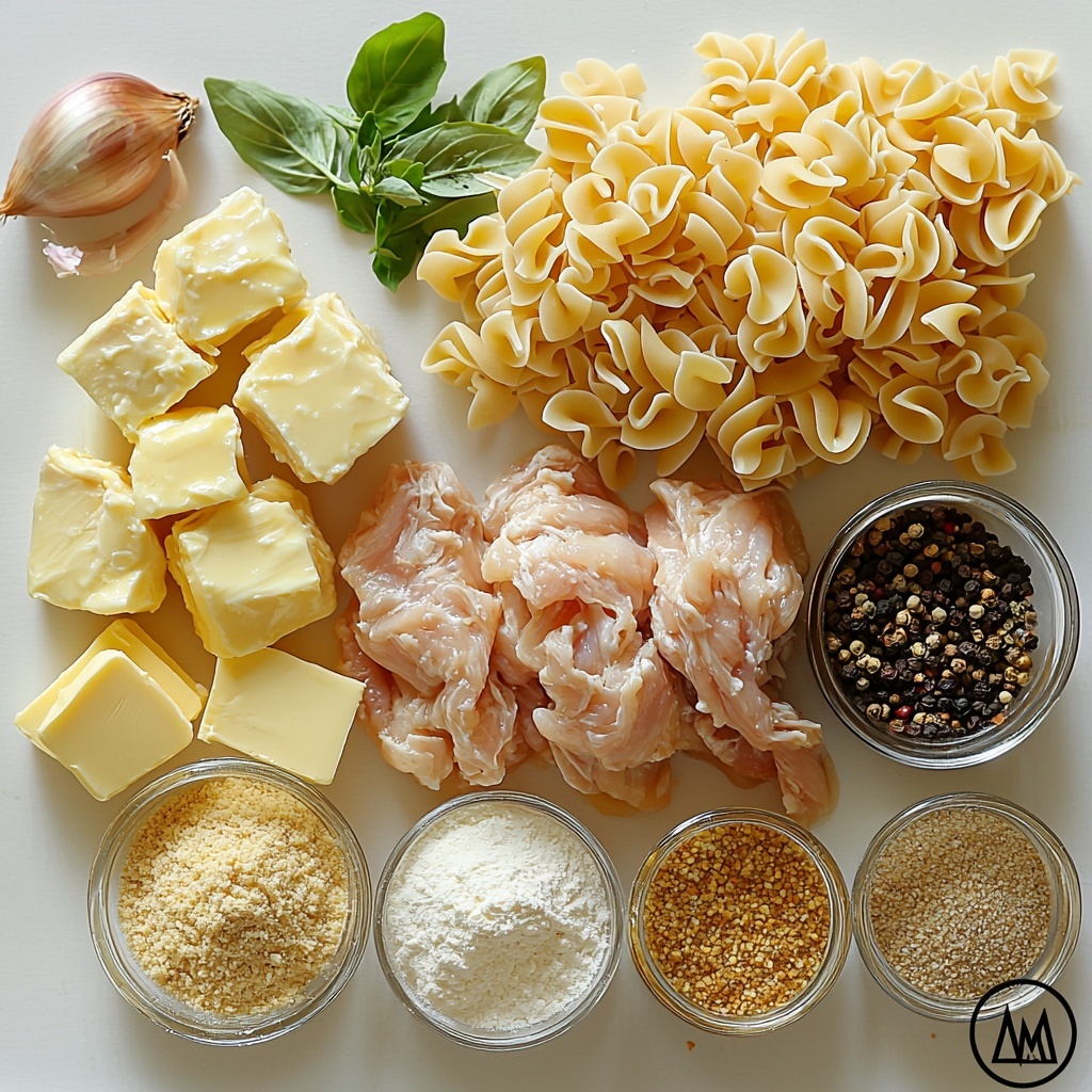 a flat lay of the main ingredients for creamy parmesan chicken pasta arranged neatly on a clean white surface: raw chicken tenderloins with a light dusting of flour and Italian seasoning, small piles of shredded parmesan cheese in pale yellow and creamy textures, a small mound of all-purpose flour in soft white powder, a halved yellow onion finely diced with translucent layers visible, three cloves of peeled garlic with smooth white skins, a small glass bowl of golden olive oil, a pat of creamy butter with smooth texture, a measuring cup filled with light yellow half and half cream, a clear container of rich golden chicken stock, a pile of uncooked dried pasta with a slightly rough texture in pale beige, scattered sprinkles of dry Italian seasoning herbs adding green flecks, and small bowls of coarse salt and black peppercorns. Each ingredient spaced evenly with natural soft daylight highlighting colors and textures, clean minimalist styling, subtle shadows for depth, crisp focus, vibrant and fresh, stylistically simple yet elegant. overhead shot, top down view, flat lay photography, professional food styling --ar 1:1 --q 2 --s 750 --v 6.1