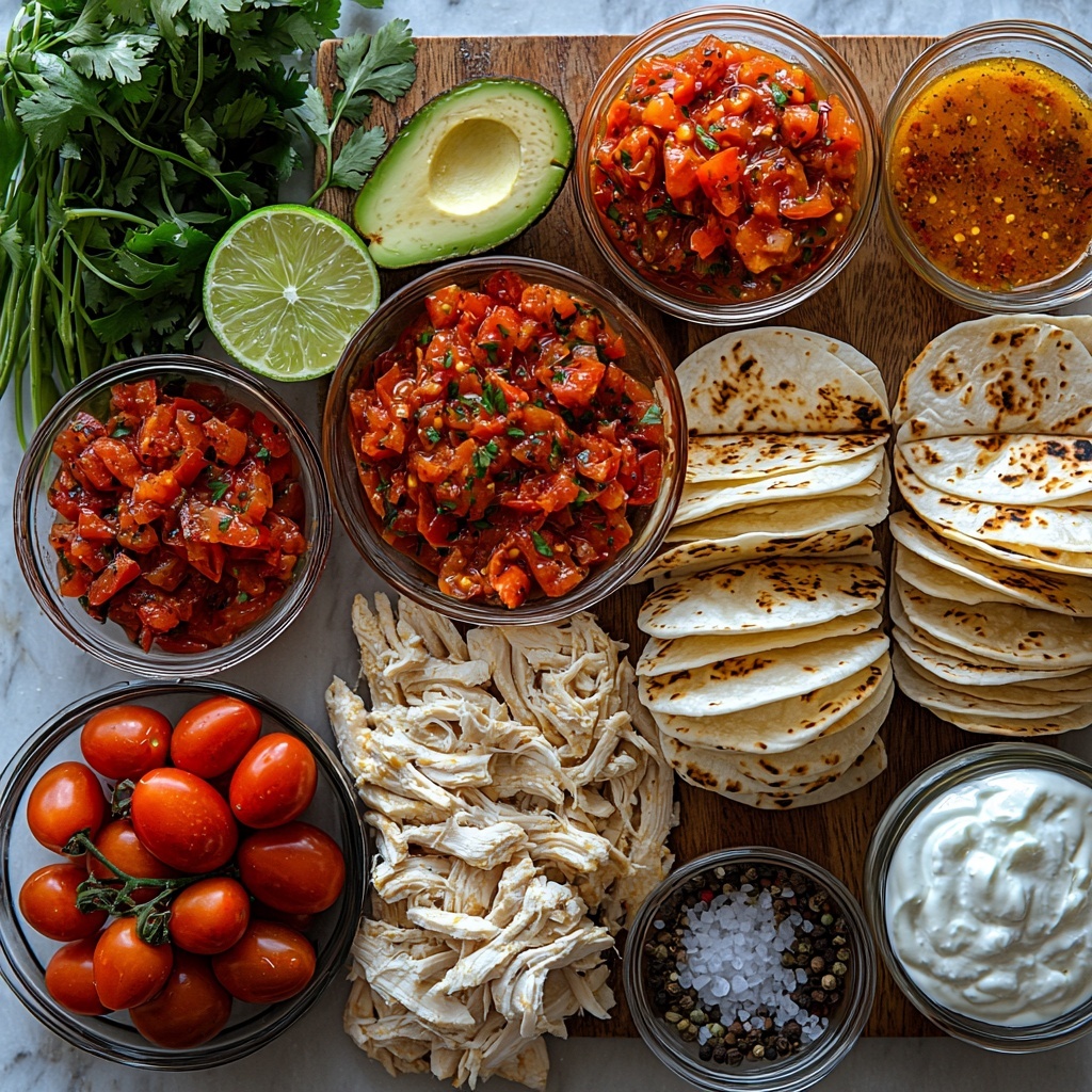 A clean white marble surface neatly arranged with all the main ingredients for Instant Pot Shredded Chicken Tacos: plump, raw boneless, skinless chicken breasts, some halved to show texture; small glass bowls containing bright red diced tomatoes in juice, vibrant red chipotle peppers in adobo sauce, and finely ground chili powder; a small cluster of fresh, peeled garlic cloves beside a partially sliced small yellow onion showing translucent layers; a small heap of coarse kosher salt crystals next to a mortar of freshly ground black pepper; a fresh ripe avocado sliced open to reveal its creamy green interior and large pit; a small glass bowl of thick, creamy white nonfat plain Greek yogurt; a halved lime with juice droplets glistening on the surface; fresh cilantro sprigs with deep green leaves artfully scattered; soft, warm flour tortillas stacked and slightly fanned out; tablespoons of golden extra-virgin olive oil in shallow glass dishes. The ingredients arranged with careful spacing and balance, colors vibrant and contrasting for visual appeal — the creamy green of avocado and yogurt against rich reds and whites, textures ranging from smooth avocado flesh to rough chili powder, glossy tomatoes to soft tortillas, all styled with natural daylight, minimal shadows, and subtle rustic props like a wooden spoon and linen napkin lightly visible at the edges. Overhead shot, top down view, flat lay photography, professional food styling --ar 1:1 --q 2 --s 750 --v 6.1