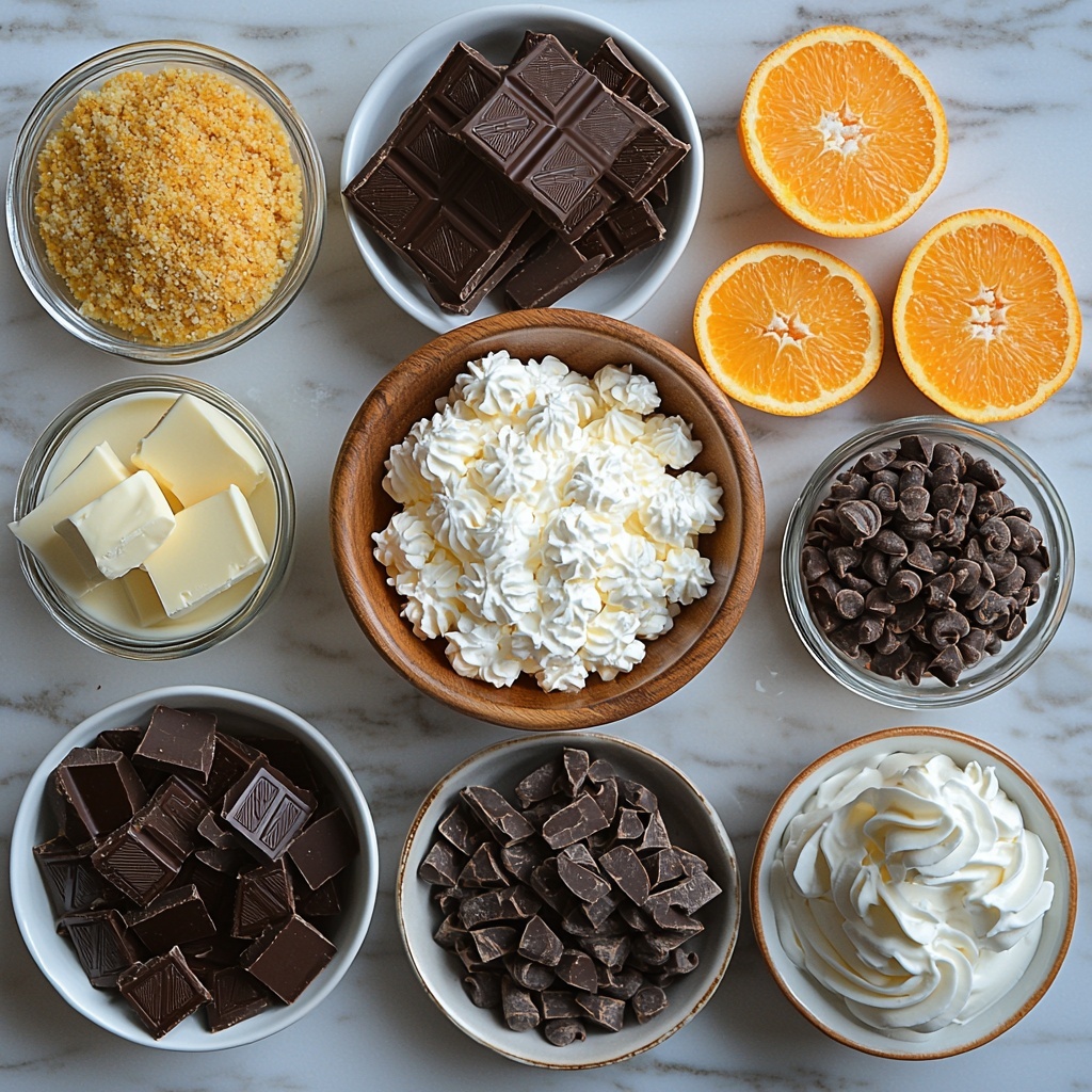 Chocolate wafer cookies, unsalted butter, cream cheese, sour cream, granulated sugar, fresh orange zest, fresh orange halves, dark chocolate bars broken into pieces, heavy cream in a small glass bowl -- all ingredients neatly arranged on a clean white marble surface. The chocolate wafer cookies are crushed in a small wooden bowl, smooth cream cheese sits in a white ceramic dish, glossy dark chocolate pieces scattered naturally. Bright orange zest sprinkled artistically nearby with vibrant orange halves sliced to show juicy textures. Unsalted butter in a small clear dish, sour cream in a matching bowl, and granulated sugar in a delicate glass jar with a small wooden spoon. Soft natural light highlights the varying textures from creamy to crumbly, with subtle shadows adding depth. Minimalist styling with space between each item for clarity, slight rustic touch with a linen napkin edge in frame. overhead shot, top down view, flat lay photography, professional food styling --ar 1:1 --q 2 --s 750 --v 6.1